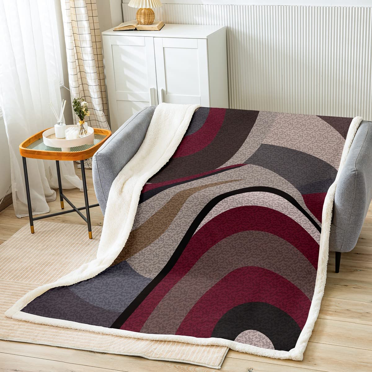 Coperta in pile con stampa geometrica, stile astratto, stile semplice, per letto, divano, grigio, rosso, marrone, nero, Sherpa, design moderno, 200 x 200 cm