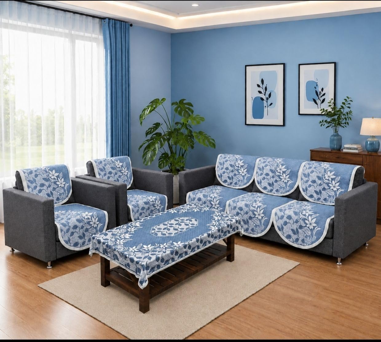 Croox Sofa Cover, Blue, 72 x 58 cm, Floral Pattern, Stain Resistant, Machine Wash, Set of 7-image-9