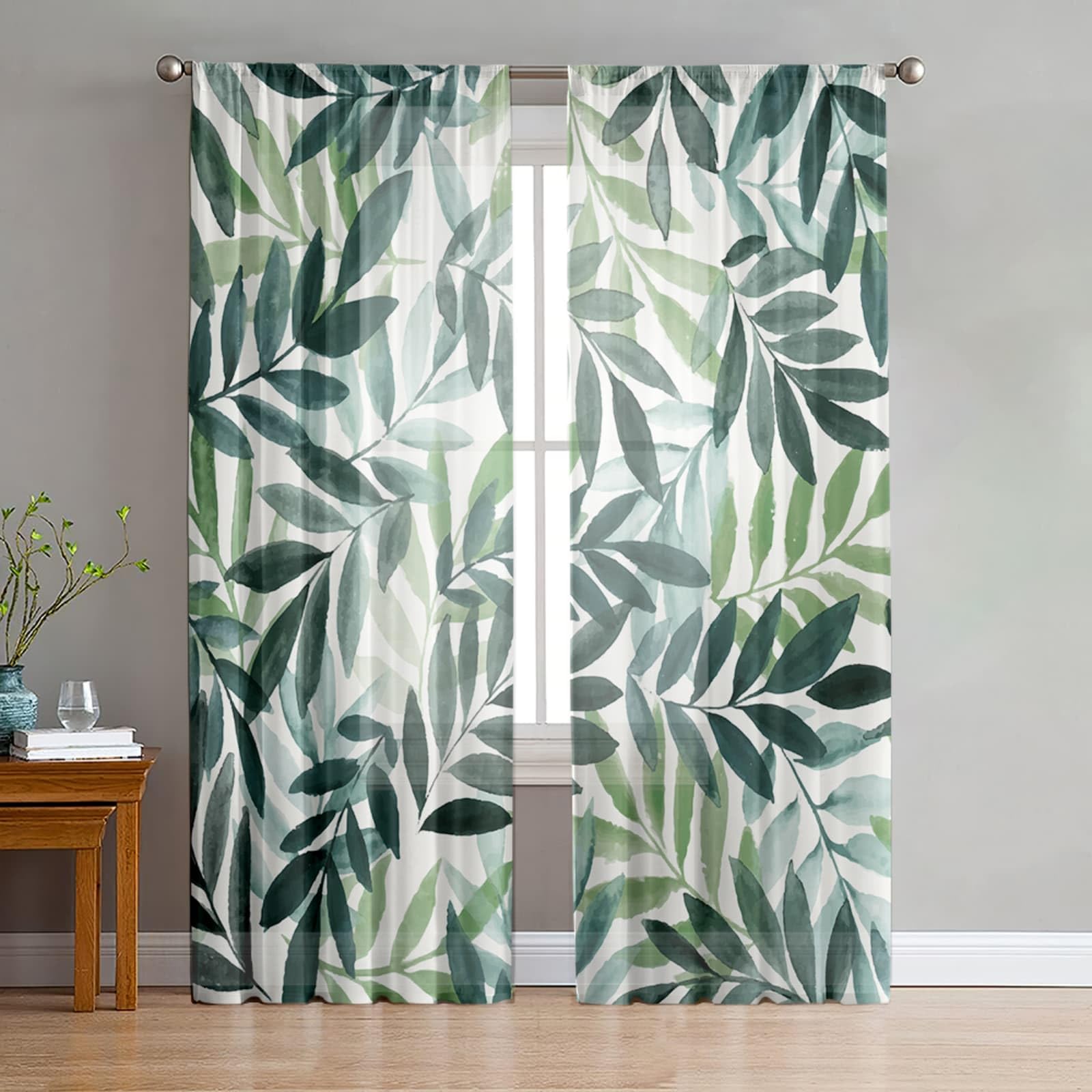 Odot Voile Net Curtains for Windows Living Room, 3D Leaf Pattern Rod Pocket Semi Sheer Curtains 2 Panels Light Filtering Translucent Tulle Voile Panel for Decorative (Dark Green Leaf A,31x45in)