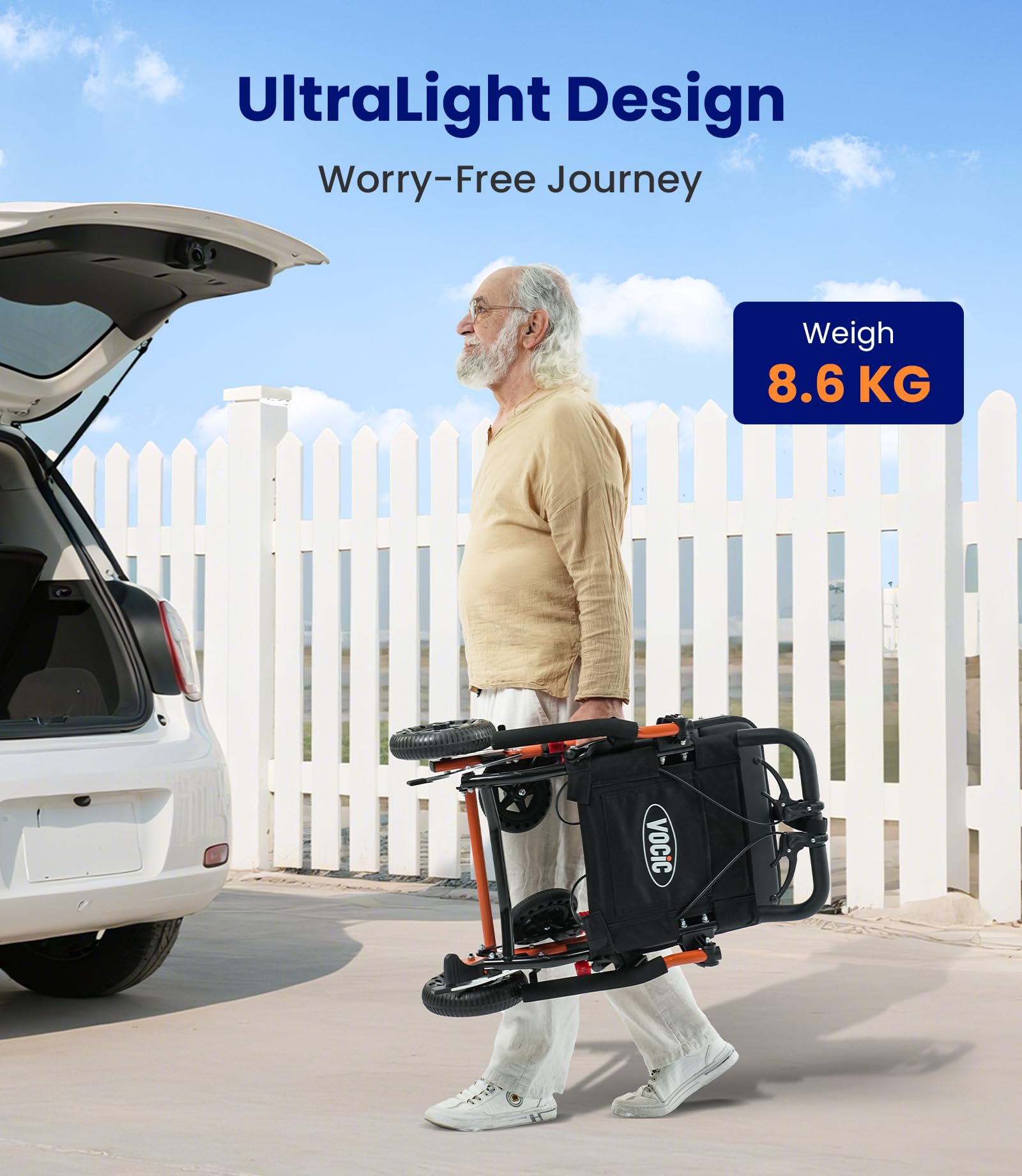 VOCIC U41 Wózek inwalidzki, składany, lekki, 8,6 kg, aluminium, ultralekki, przenośny, transportowy, składany, z oponą Honeycomb o wielkości 20 cm, wąski wózek inwalidzki do mieszkania, pomarańczowy