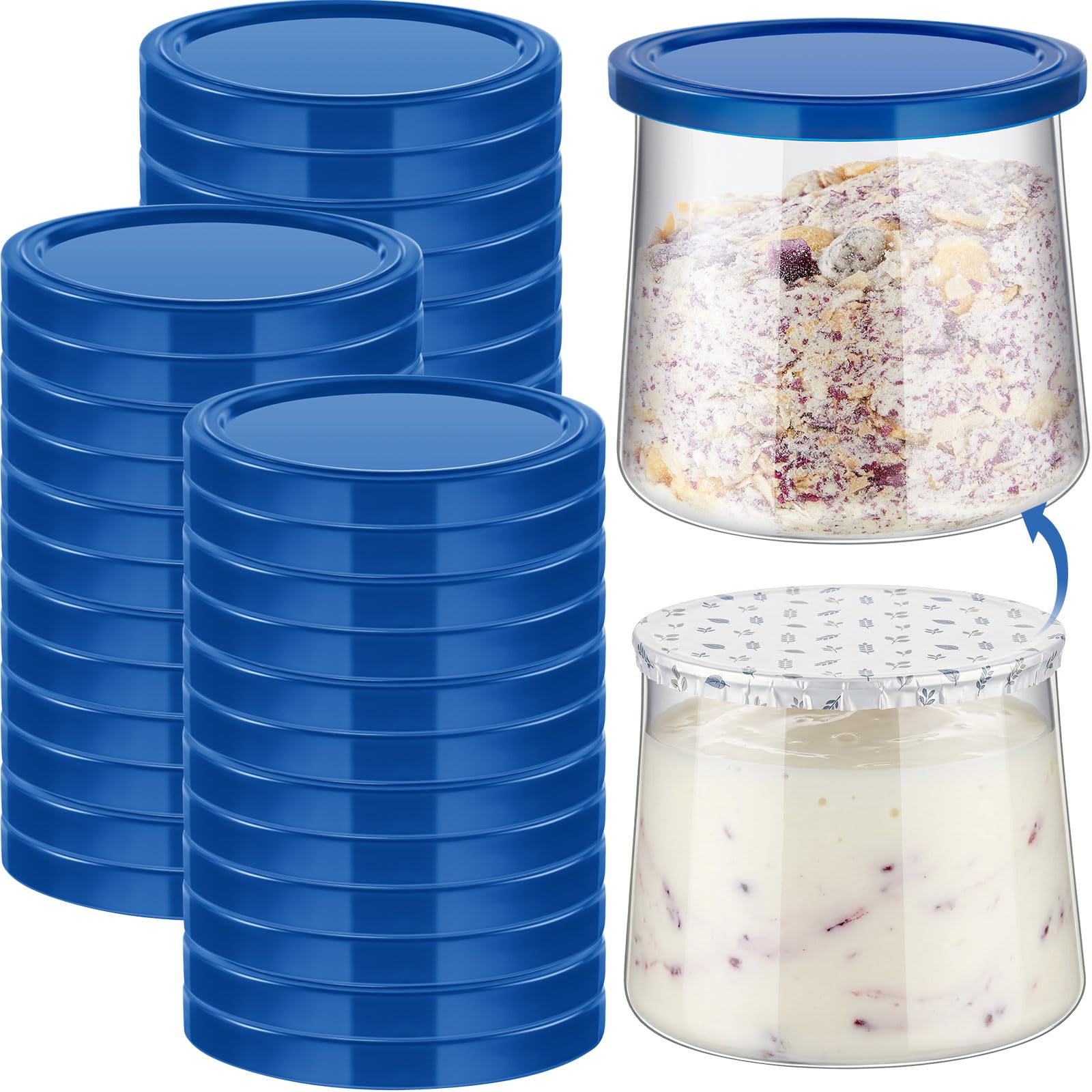 Photo 1 of Tessco for you 48 Pcs Yogurt Container Lids Plastic Jar Lids Not Included Jar Replacement Compatible with Oui Yogurt lid Transparent (Blue)