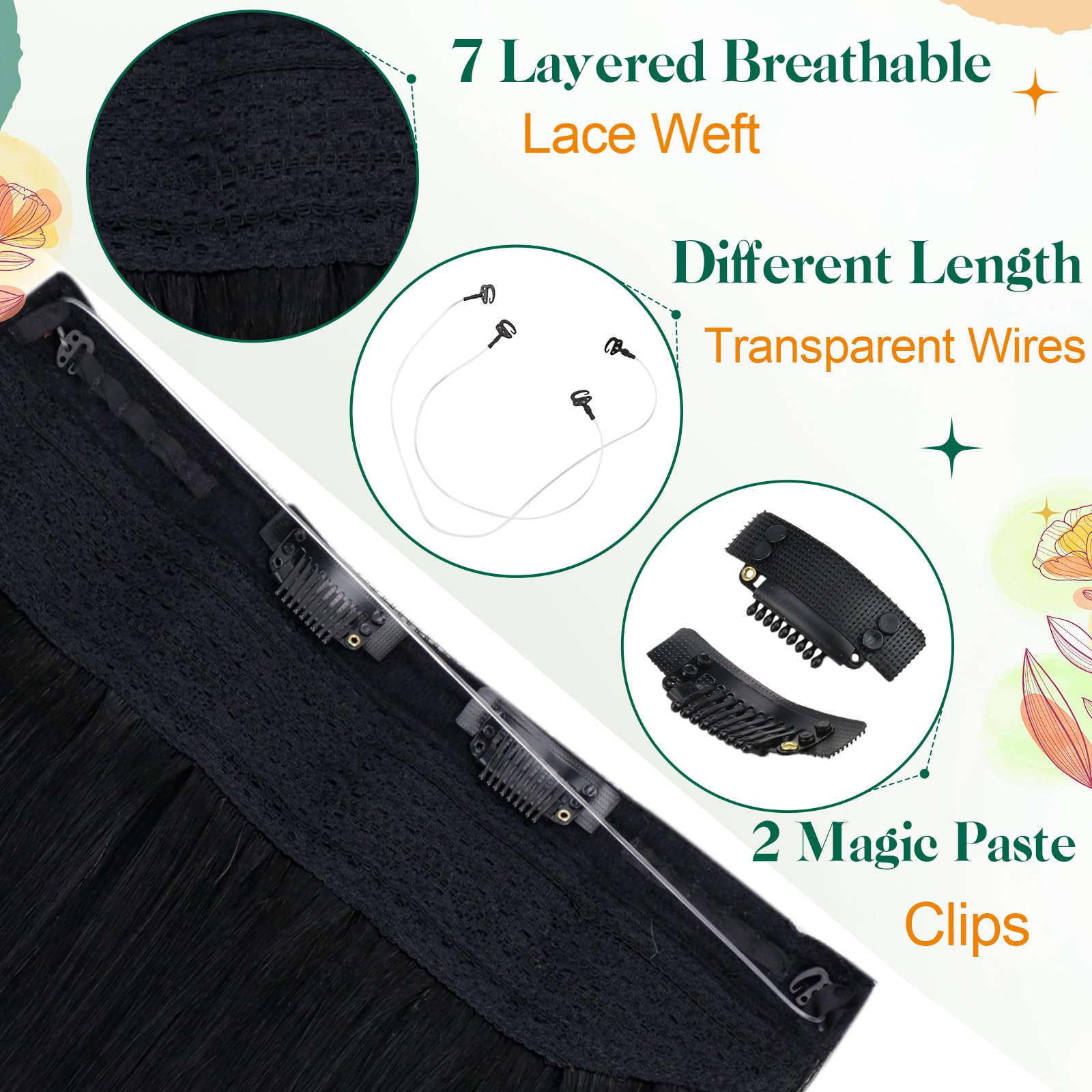Easyouth 20Inch Wire Extensions Human Hair Black Secret Wire Hair Extension Real Human Hair One Piece Invisible Fish Line Hair Extensions with Removable Clips Jet Black #1 100g - Image 3