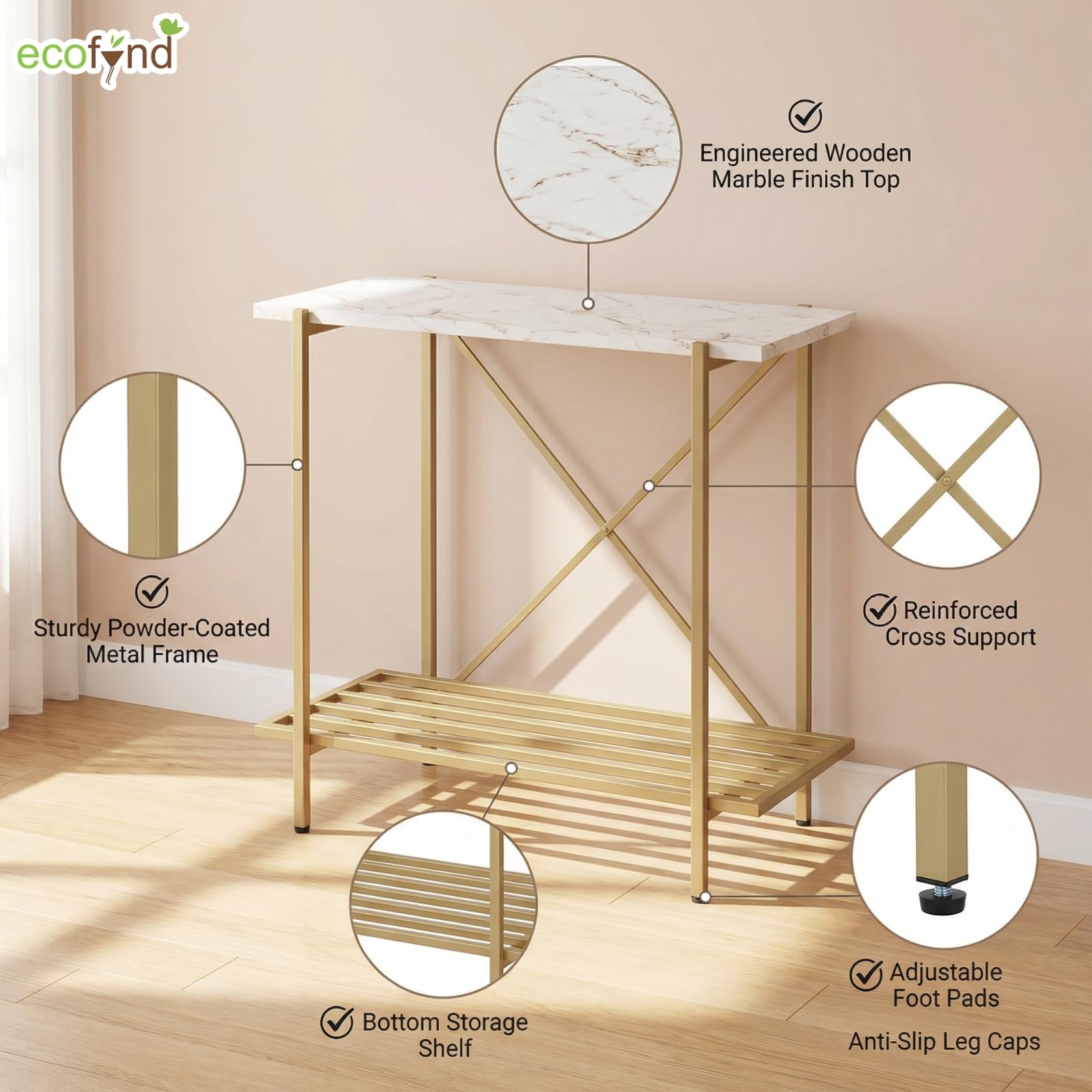 ecofynd 26 Inch 2 Tier Console Table, Metal with Engineered Wooden top for Long Narrow Hallway, Entryway, Living Room, Dining Room, Office, Home Side Table Storage Shelves (WHTGO, CT005) 1