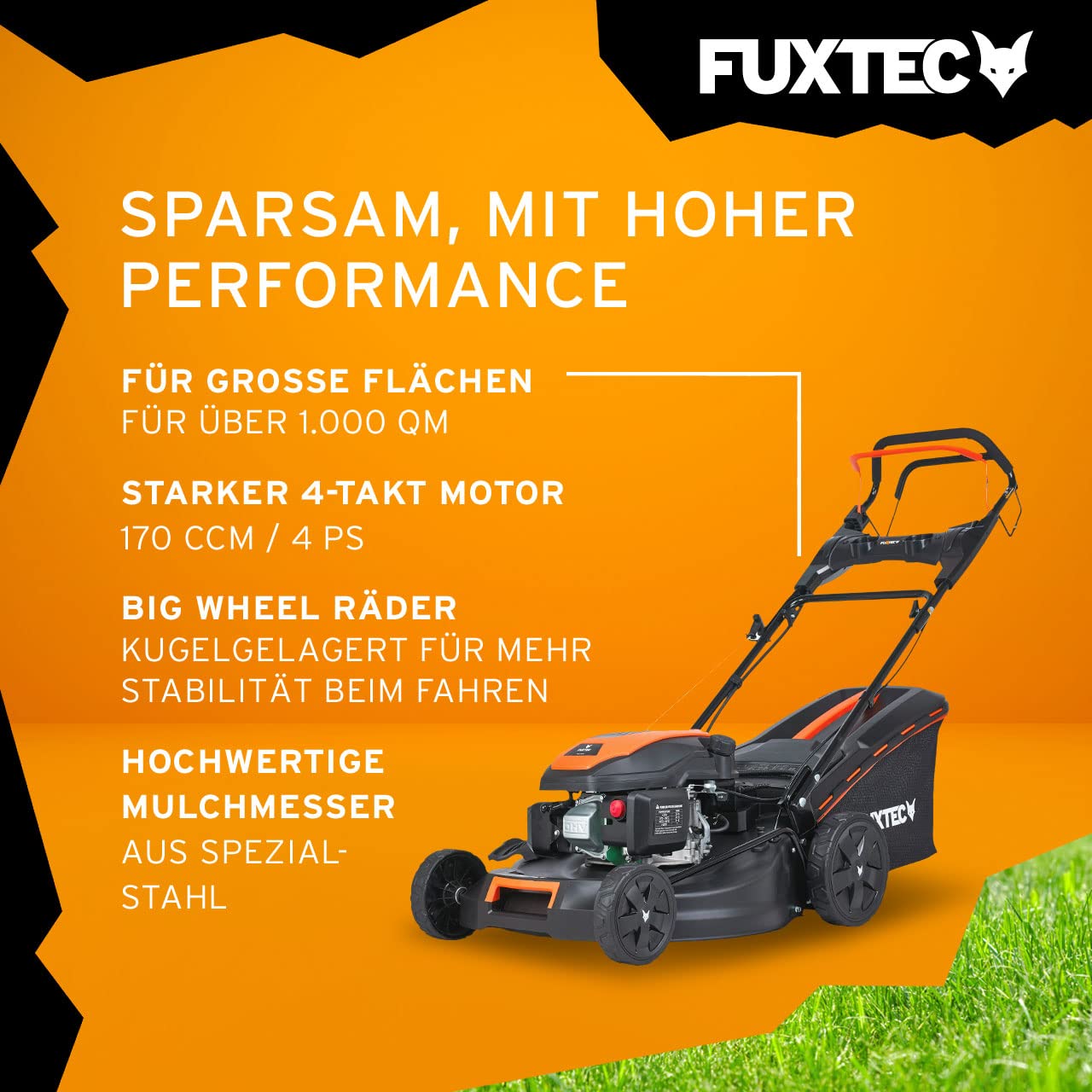 FUXTEC 4in1 Benzin Rasenmäher FX-RM5170eS • mit Antrieb und Elektrostarter • 51 cm Schnittbreite • 4-Takt 170 CCM Motor • 60L Fangkorb • Mulchen, Seitenauswurf & EasyClean