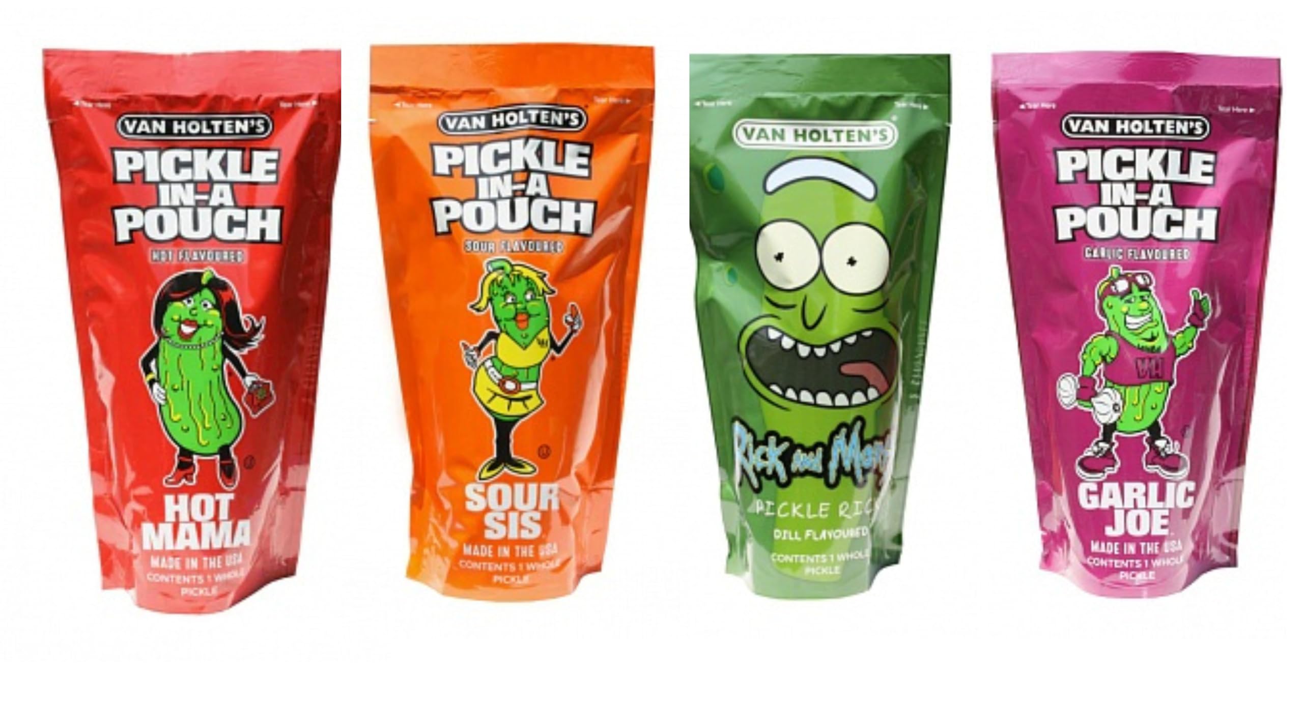 Van Holten's Pickle in a Pouch 4 Variety Pack | Hot Mama, Sour Sys, Garlic Joe, Morty Rick| American Pickles