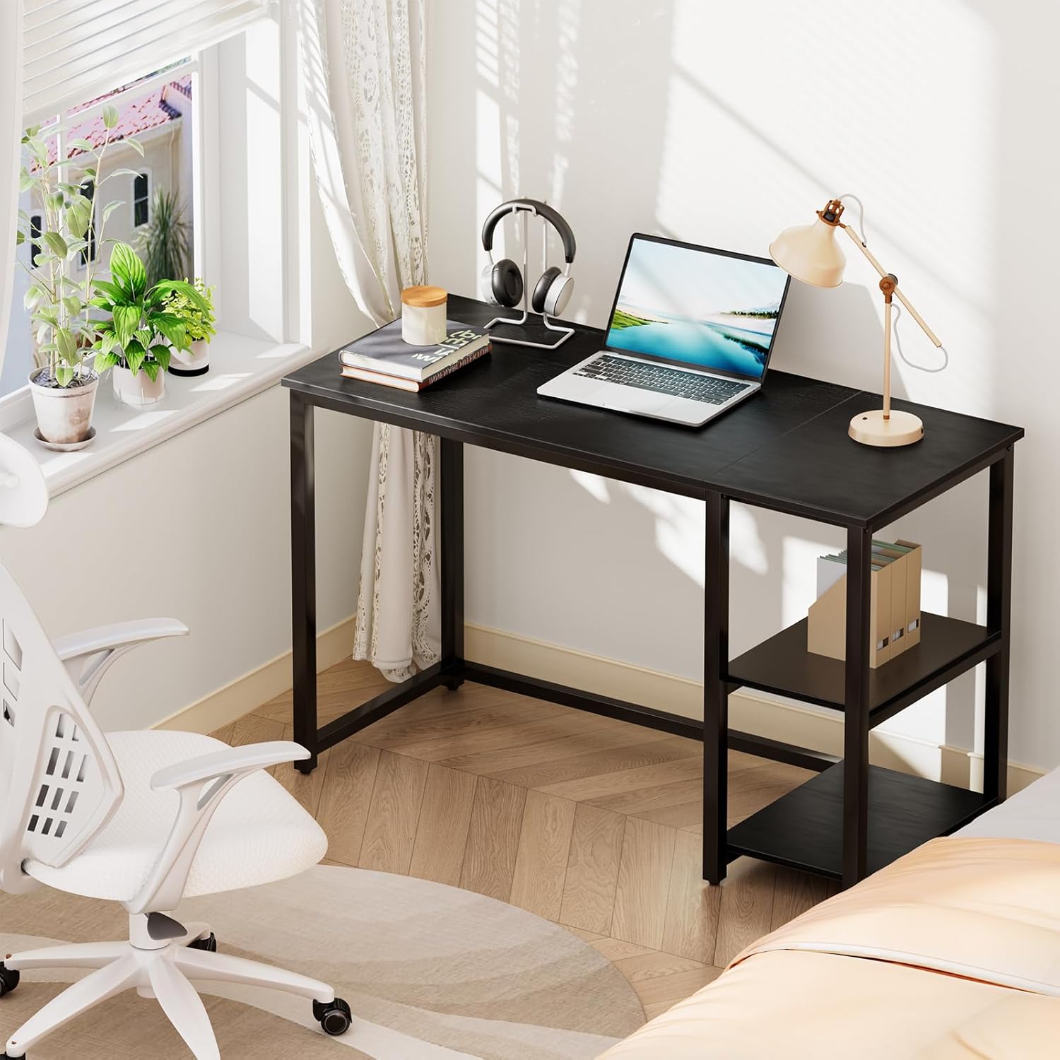 SINPAID Computer Desk 40 inches with 2-Tier Shelves Sturdy Home Office Desk with Large Storage Space Modern Gaming Desk Study Writing Laptop Table, Black Desk