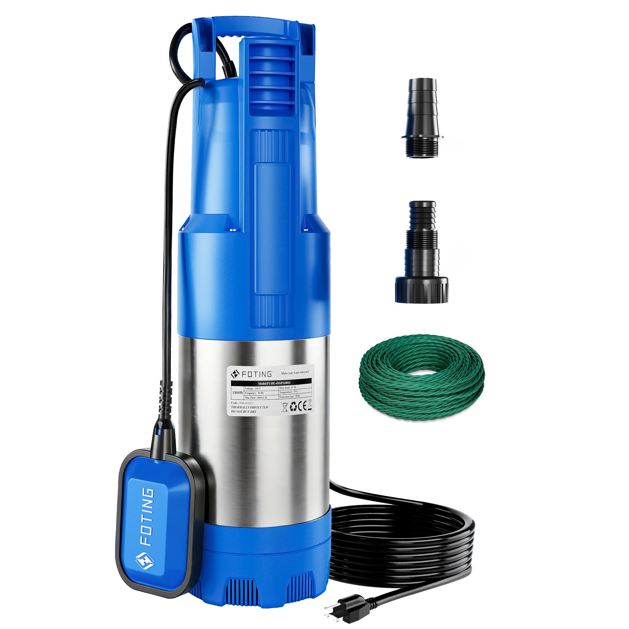 FOTING Tauch-Druckpumpe 4 inox, 1100W Tauchdruckpumpe mit 6800 l/h Fördermenge, Förderhöhe max. 47 m, Eintauchtiefe max. 7 m, integrierter Schwimmerschalter, für Schächte, Zisternen, Garten