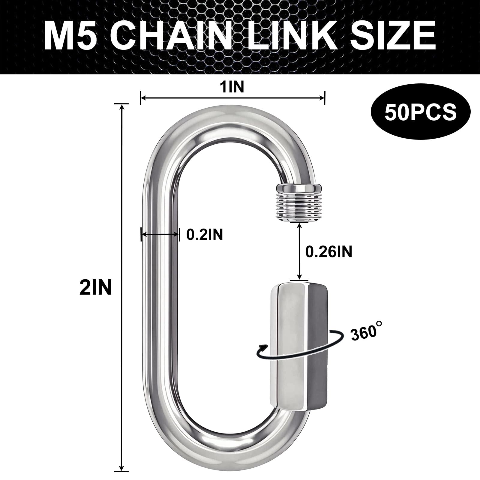50 eslabones rápidos de cadena de 2 pulgadas, clips de mosquetón resistentes de rosca de acero galvanizado M5, conectores de mosquetón de bloqueo de 3/16 pulgadas para hamaca, camping, correa de