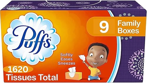 Puff Everyday - Pañuelos faciales sin loción, 9 cajas familiares (180 pañuelos por caja), cajas de pañuelos de soplo (total 1620 tejidos)