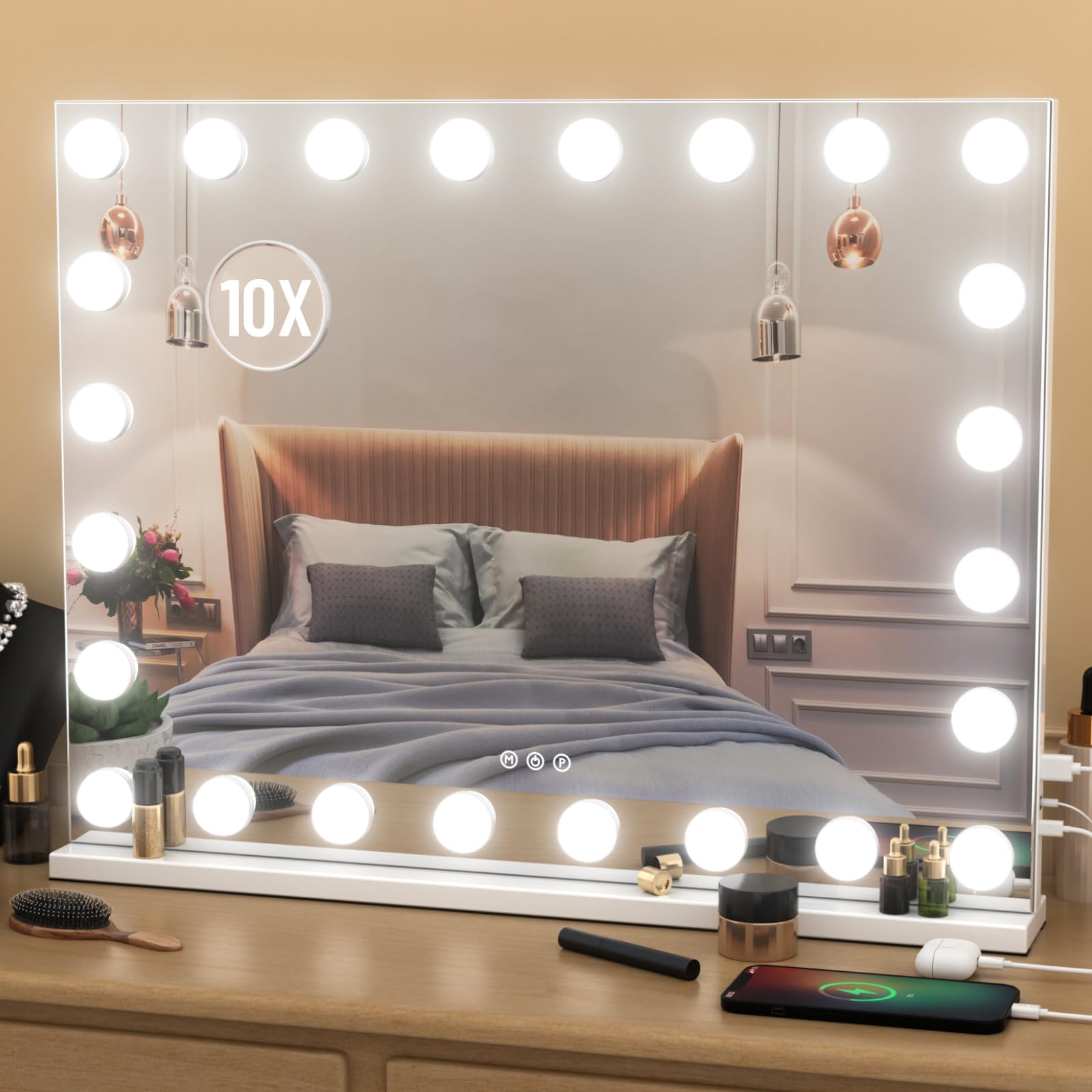 Jrswin Makeup Vanity Mirror With 17 LED Lighted Bulbs, Hollywood Vanity Mirror With Lights, 3 Color Modes & USB Charging, Cosmetic Mirror For Bedroom And Dressing Table (60CM X 50CM