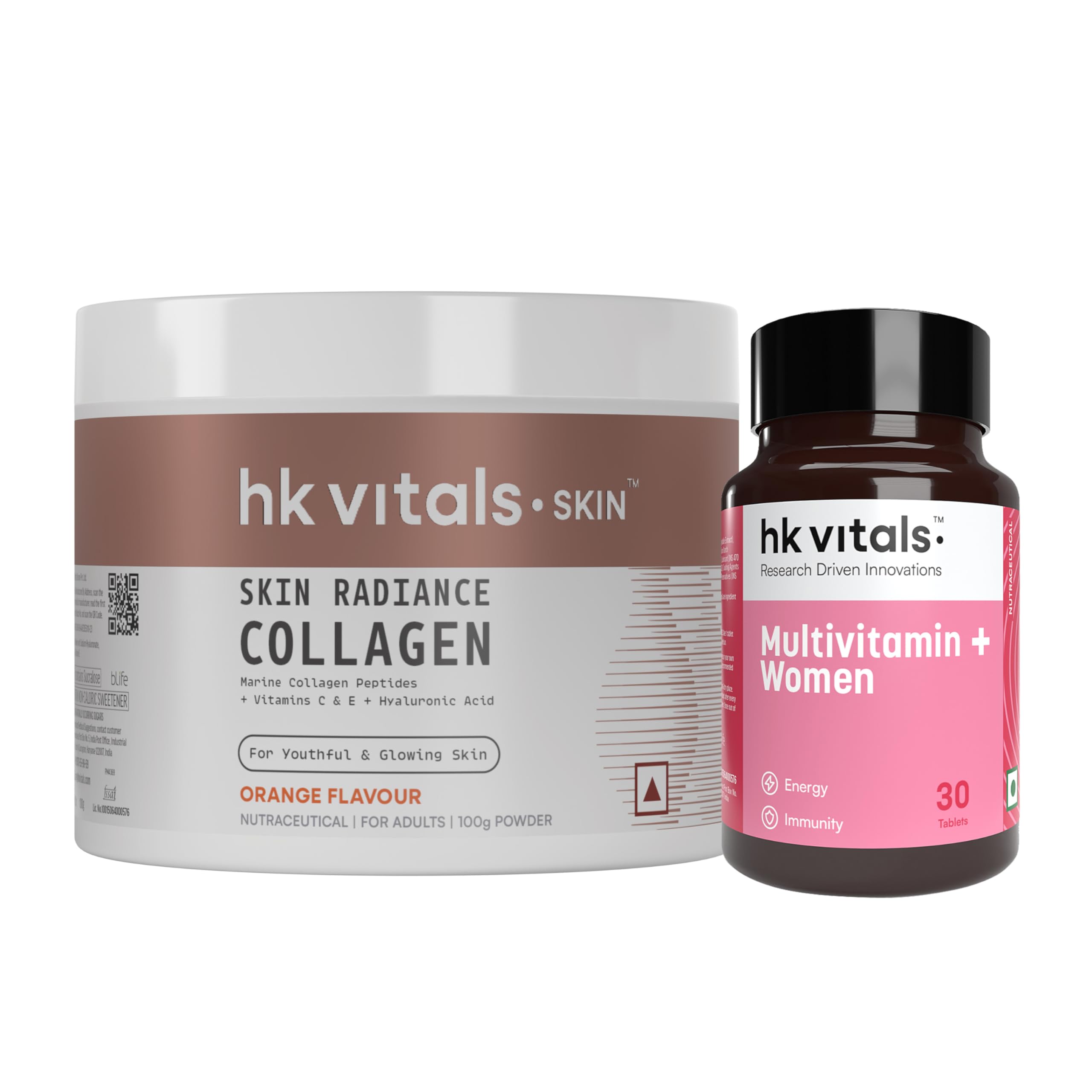 hk vitals Marine Collagen Supplements (Orange, 100g) | With Multivitamin Plus Women | Advanced Daily Multivitamin for Active Women, 30 Tablets | Combo Pack
