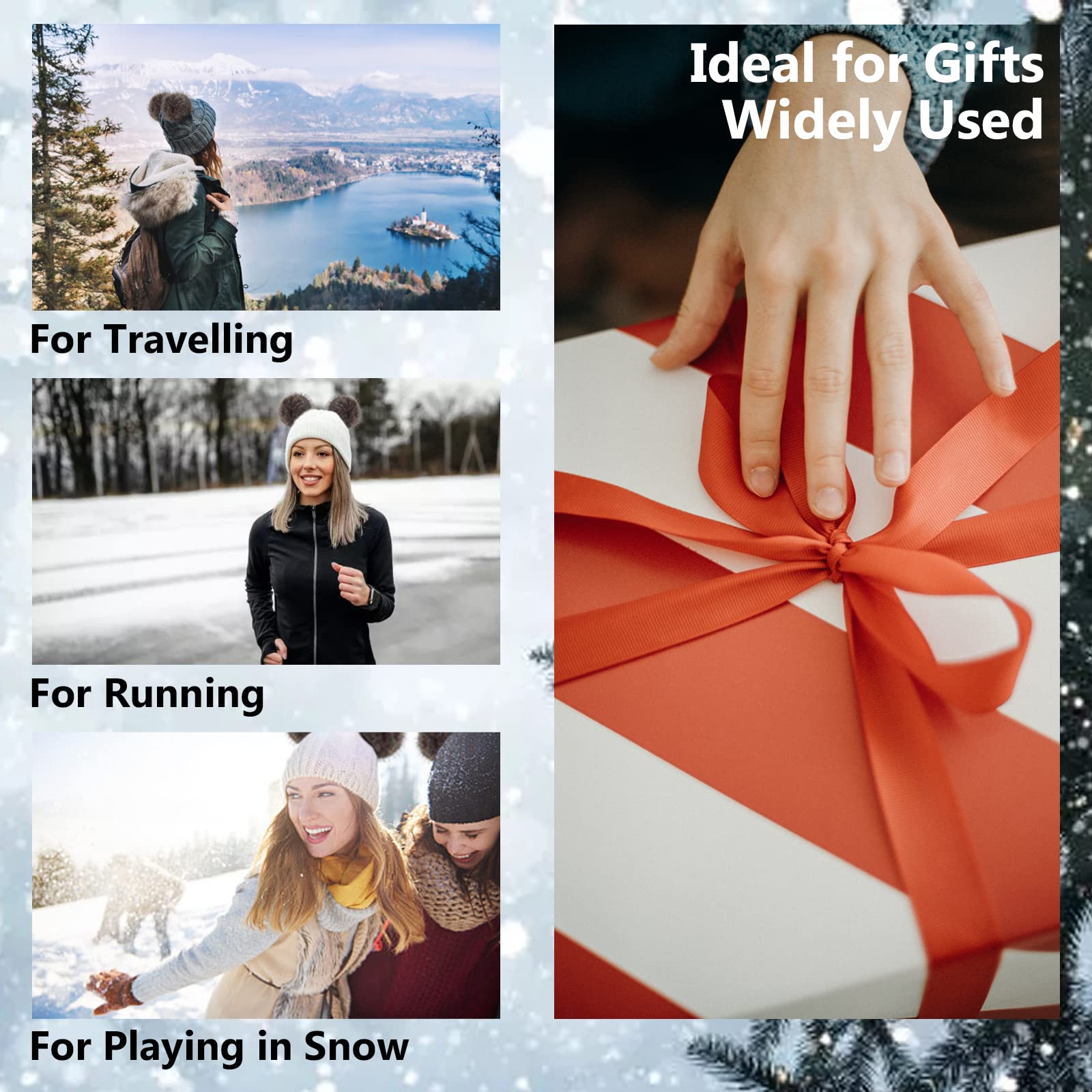 Juego de 3 gorros de punto de invierno para mujer, bufanda, guantes para pantalla táctil, cálido, suave, grueso, forro polar con doble pompón, gris, talla única