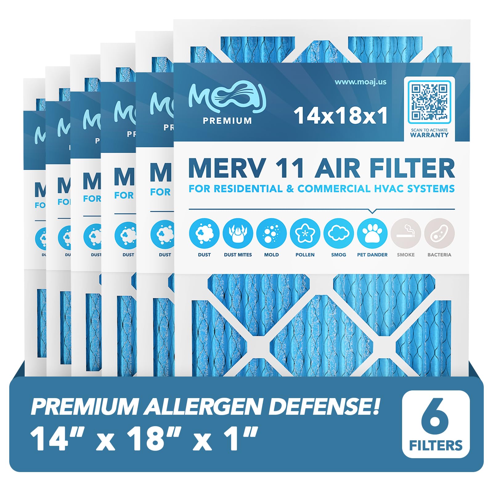 14x18x1 Air Filter (6-PACK) | MERV 11 | MOAJ Premium Allergen Defense | BASED IN USA | Pleated Replacement Air Filters for AC & Furnace Applications | Actual Dimensions: 13.70” x 17.70” x 0.75” (in.)