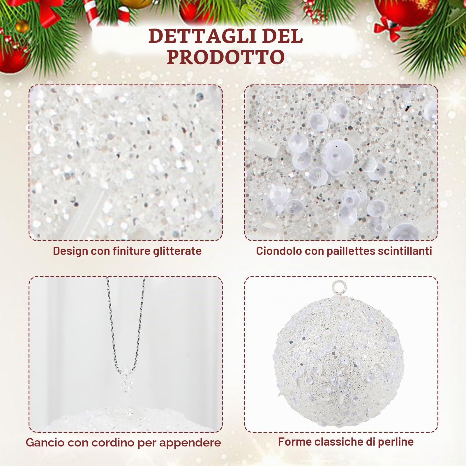 Oairse Palline di Natale grandi, 10 cm, 6 pezzi, infrangibili, bianche, per albero di Natale, glitter, decorazioni per albero di Natale, Halloween, vacanze, matrimoni, feste