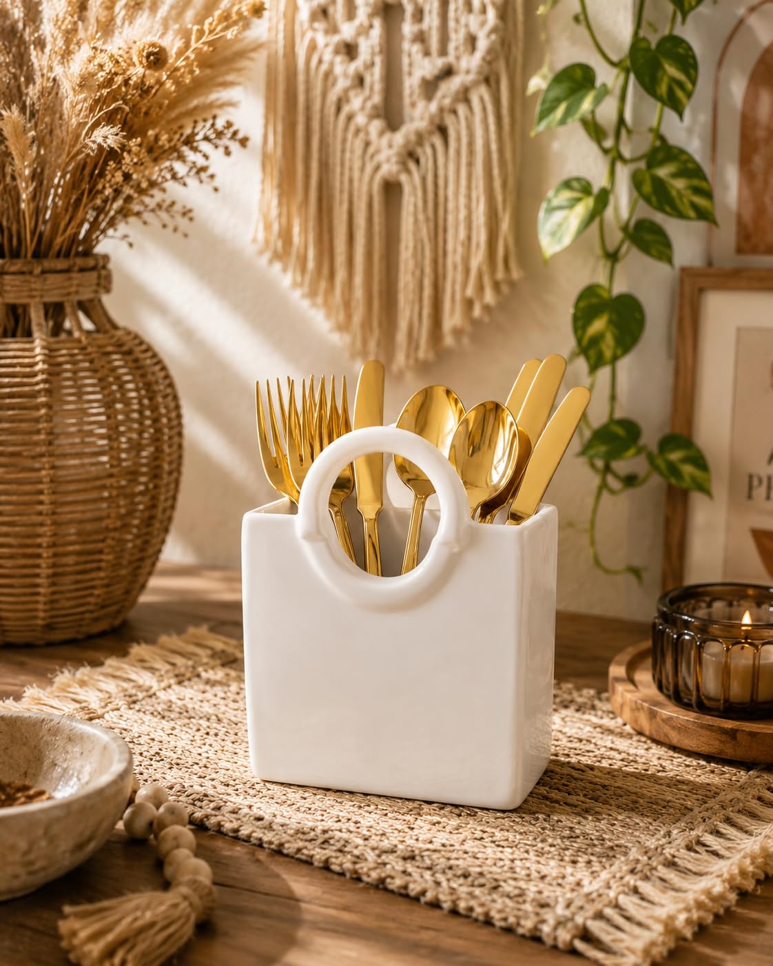 White Ceramic Utensil Holder - Kitchen Organizer -3