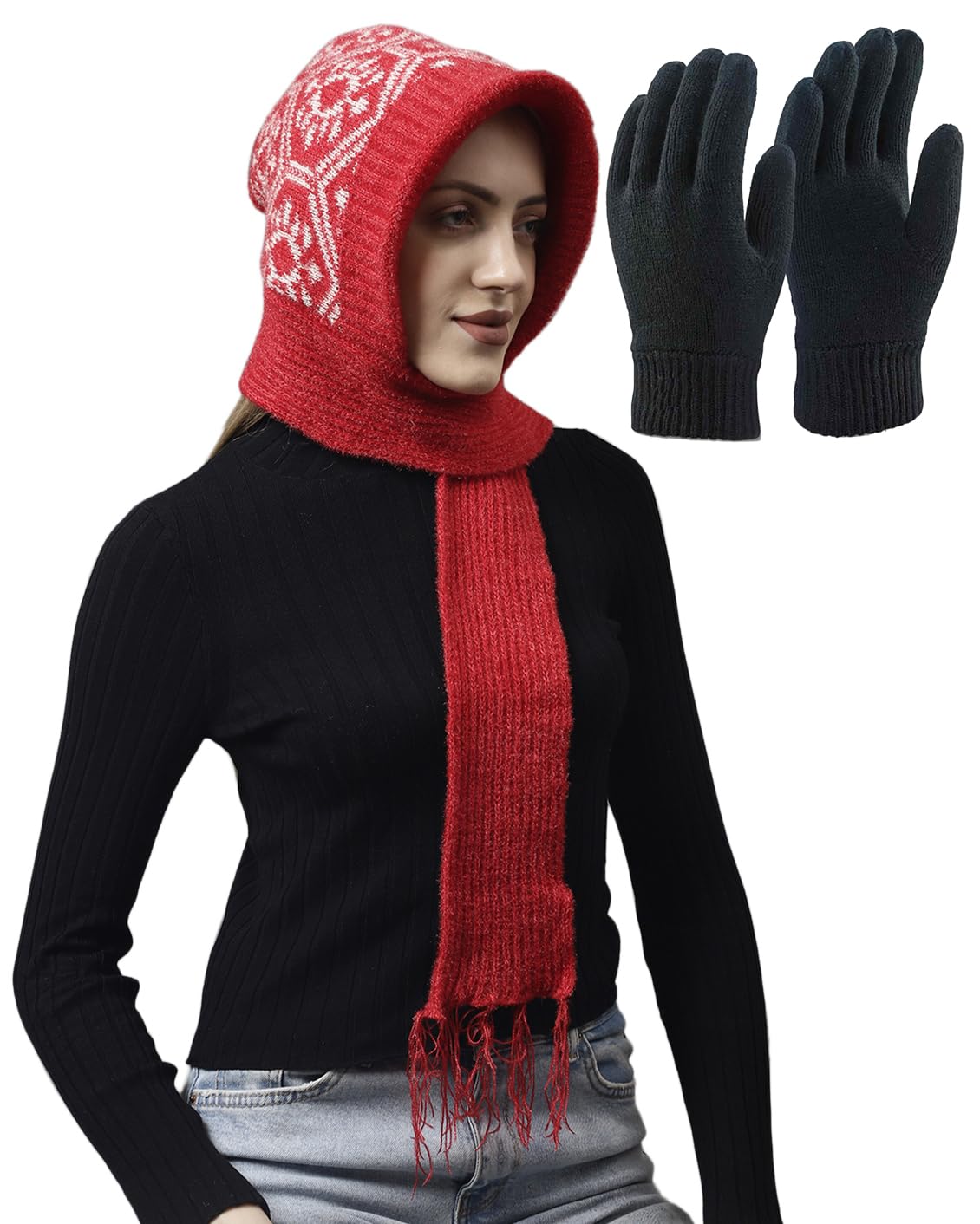 Set of Weavers Villa Snow Proof Inside Fur Acro Wool Unisex Cap with Attached Neck Warmer Muffler Thick Fleece Lined Winter Cap and Gloves for Women, Free Size