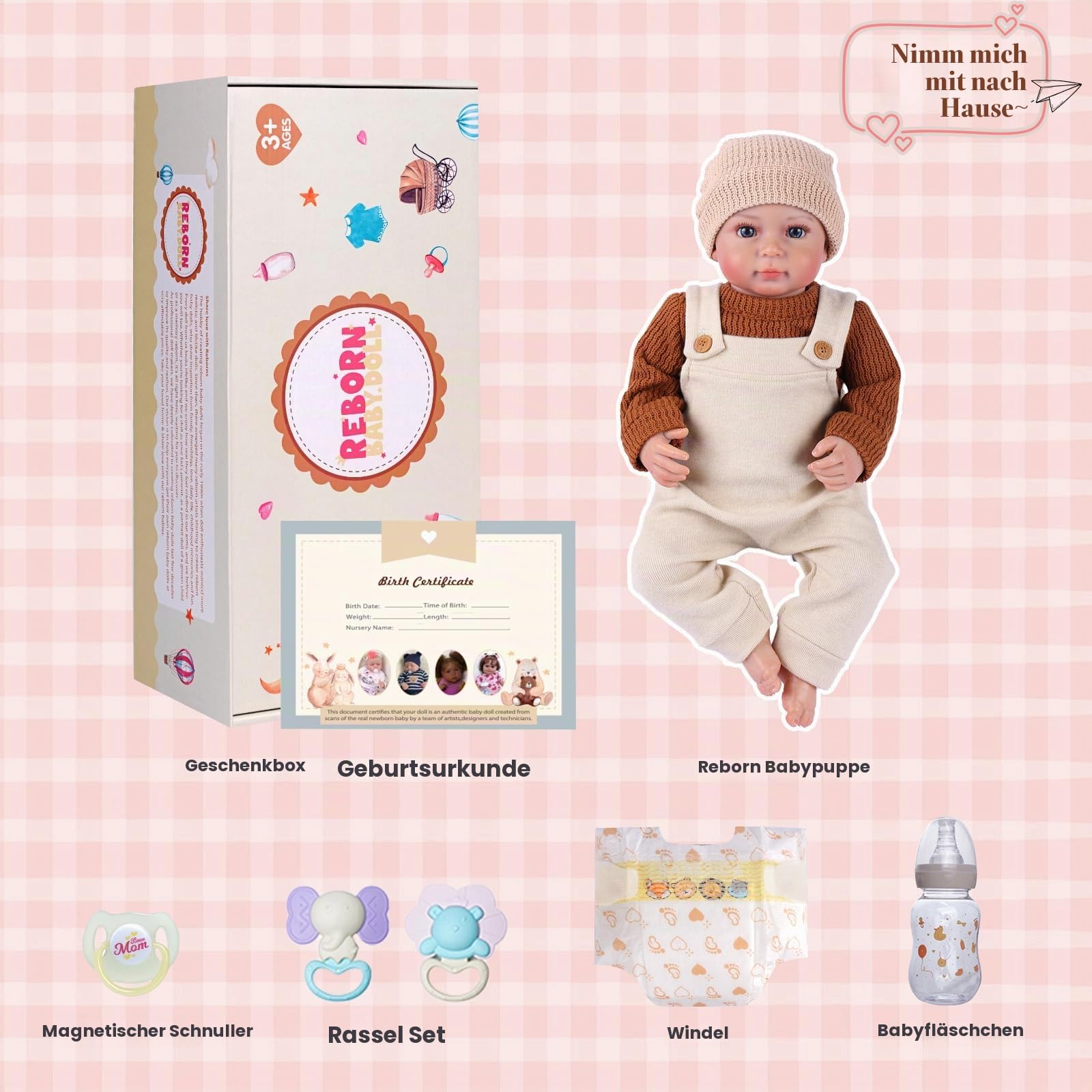 BABESIDE Lebensechte Reborn-Babypuppe 50 cm Bewegbare Neugeborenen-Puppe mit Weichem Stoffkörper & Vinyl-Gliedmaßen, Komplettes Zubehör-Set, Kinder ab 3 Jahren