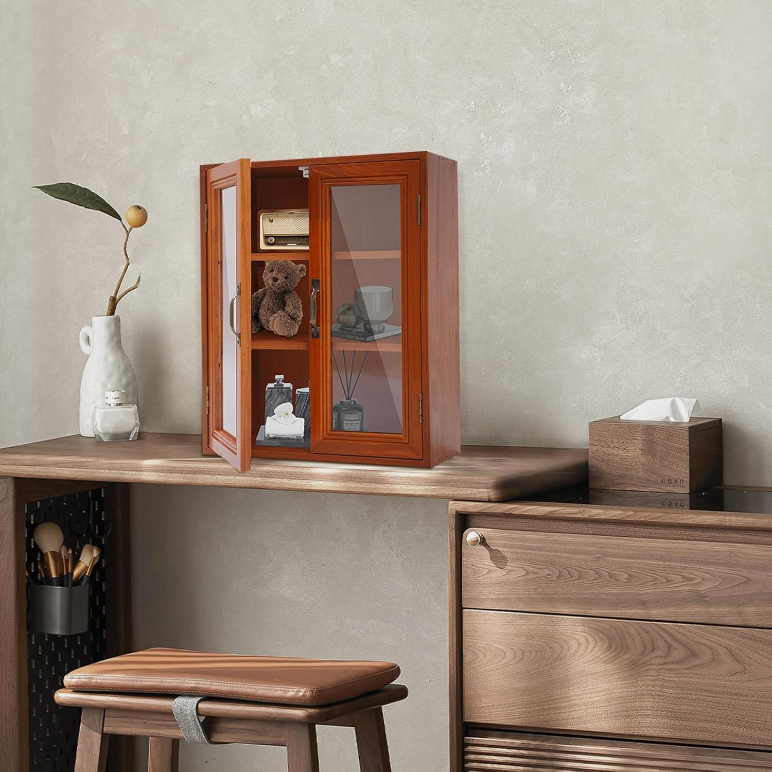 Rustic Vintage Mini Wood Countertop Cabinet, Display Case with Organic Glass Door, Floating Shelf Storage, Spice Cabinet, Apothecary Cabinet for Kitchen, Pantry and Countertop Organization (Brown)