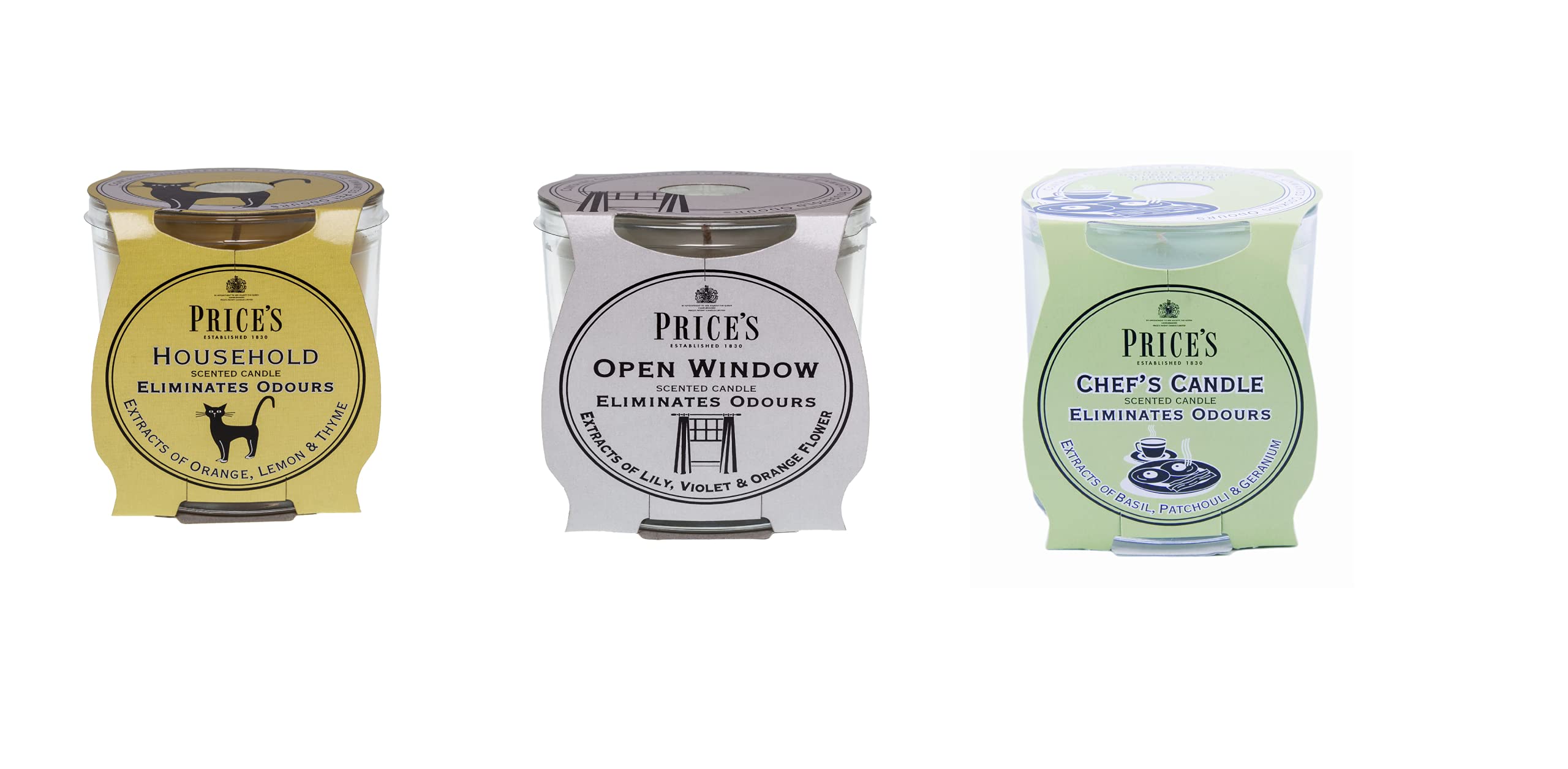 Price's Candles Fresh Air Premium Scented Glass Candle Jar Bundle Includes Open Widow, Chefs & Household, Odour Eliminating Technology, 90 Hours Burn Time.