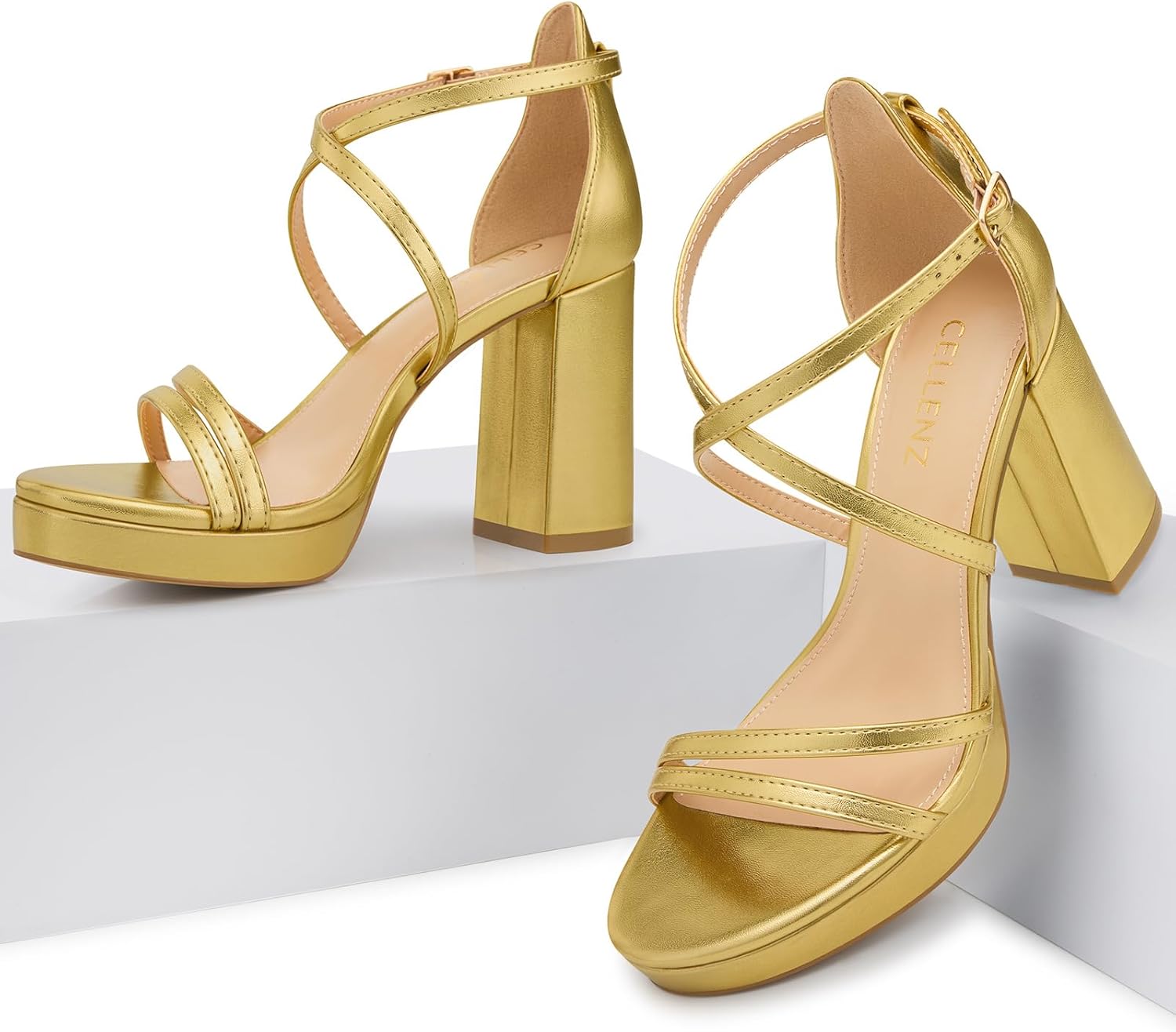 Women Strappy Platform Heels: 3.4 Inch Chunky Heeled Sandals, Comfortable Sexy Block High Heels, for Prom Party Bridal Wedding Black White Silver Nude Dressy Shoes - Image 6