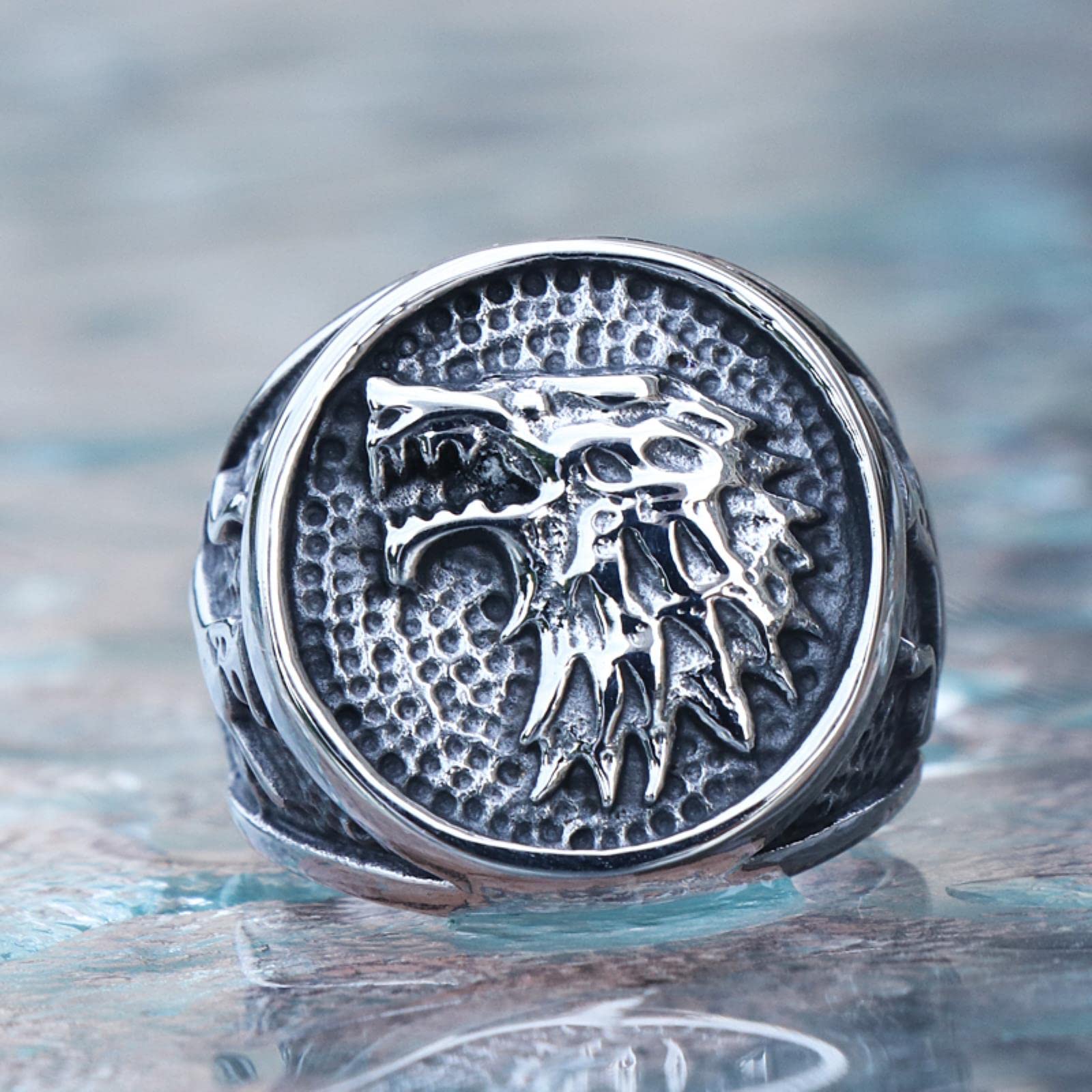 Retro Viking Stainless Steel Wolf Ring Men Biker Ice Wolf House Stark Winterfell Animal Ring Nordic Fashion Jewelry Size 7-13