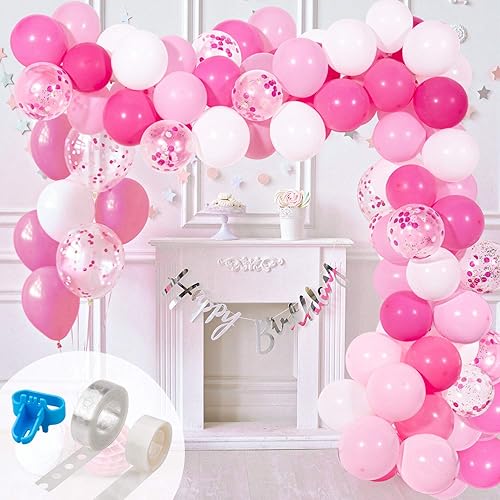 Whaline Kit de arco de guirnalda de globos de color rosa y blanco, 120 globos de látex de confeti rosa intenso, globos de látex con confeti dorado