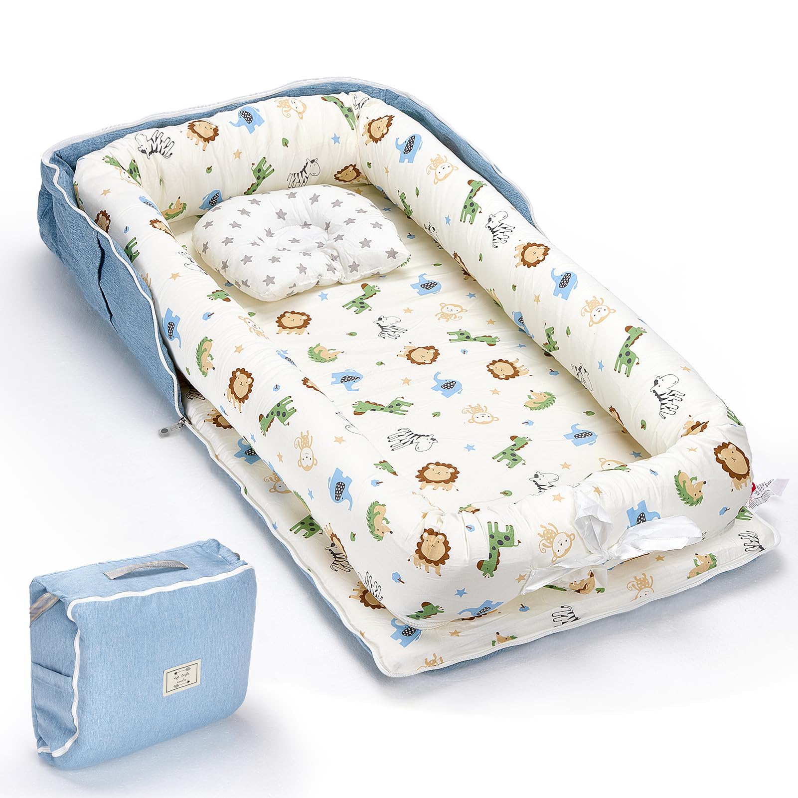 Huggynest Baby Lounger, Baby Nest for Newborn, Portable Breathable Infant Lounger Pillow Adjustable U-Shaped Safety Bumper for Cozy Comfort - Animal World Blue