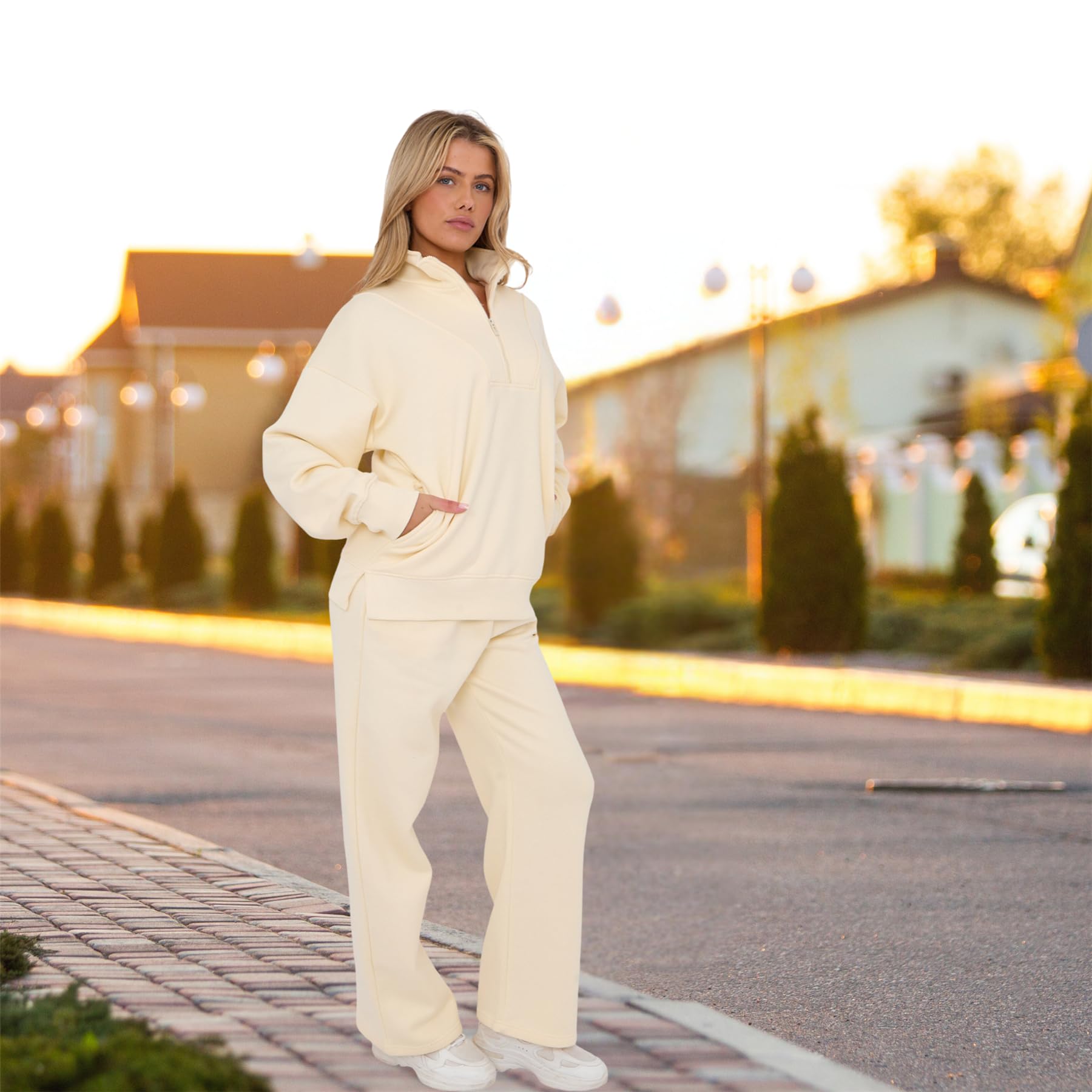janisramone® Damski zestaw dresowy, bluza polarowa z zamkiem do połowy, damska bluza i spodnie do biegania dla kobiet, ponadwymiarowe, polarowe zestawy odzieży rekreacyjnej dla kobiet, długie rękawy,