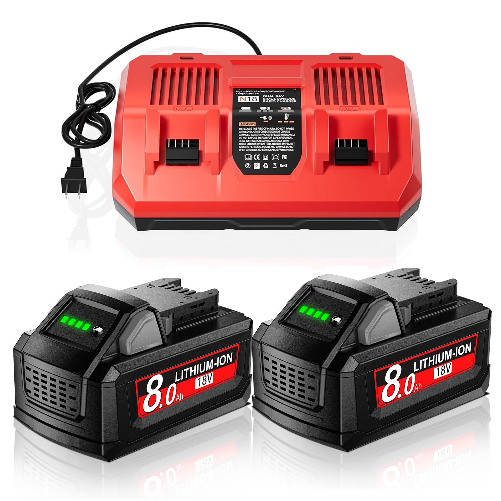 Photo 1 of 2 Packs 8.0Ah Replacement for Milwaukee M18 Battery Compatible with Milwaukee 18v Battery Charger 48-11-1850 48-59-1850 48-11-1810 48-11-1813 48-11-1815 48-11-1820 48-11-1840 48-11-1852