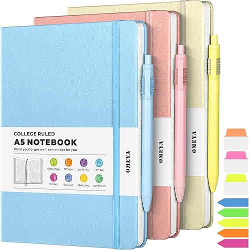 Cuaderno rayado, paquete de 3 cuadernos A5 con rayas universitarias para el trabajo, cuadernos de tapa dura cada uno con 2 bolsillos y bolígrafo,