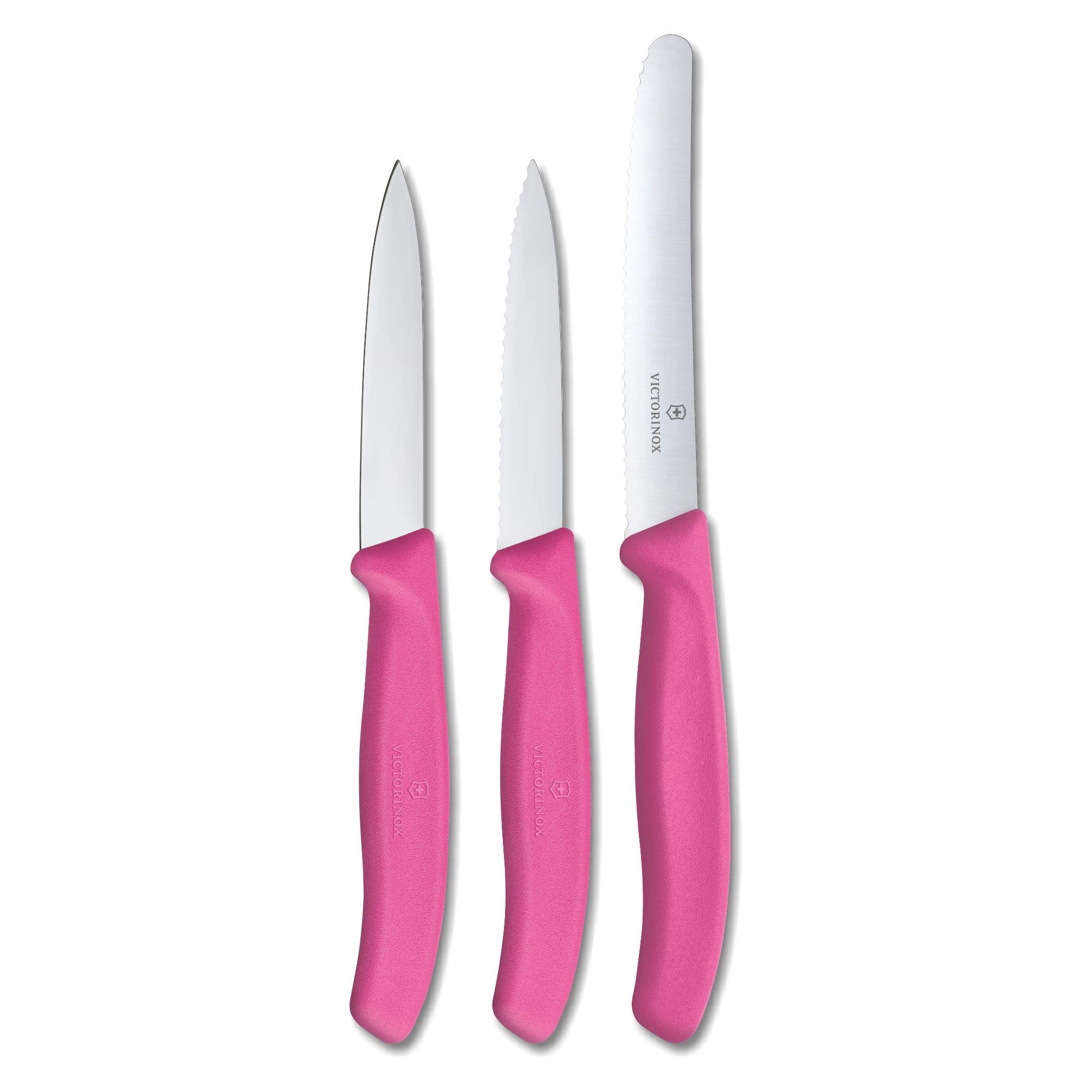 Stainless Steel Kitchen Knife Set of 3, Swiss Classic - 11 cm Serrated Edge, 8 cm Straight Edge and 8 cm Serrated Edge Knives for Professional and Household Kitchen, Pink, Swiss Made