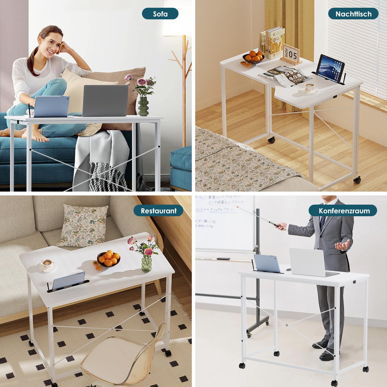 PIPIPOXER 90x56x75cm Scrivania Pieghevole con Ruote, Scrivania Computer con Slot per Schede, Scrivania da Ufficio per Studenti e Lavoratori, Tavolo da Scrivania Pieghevole,Struttura in Metallo,Bianco
