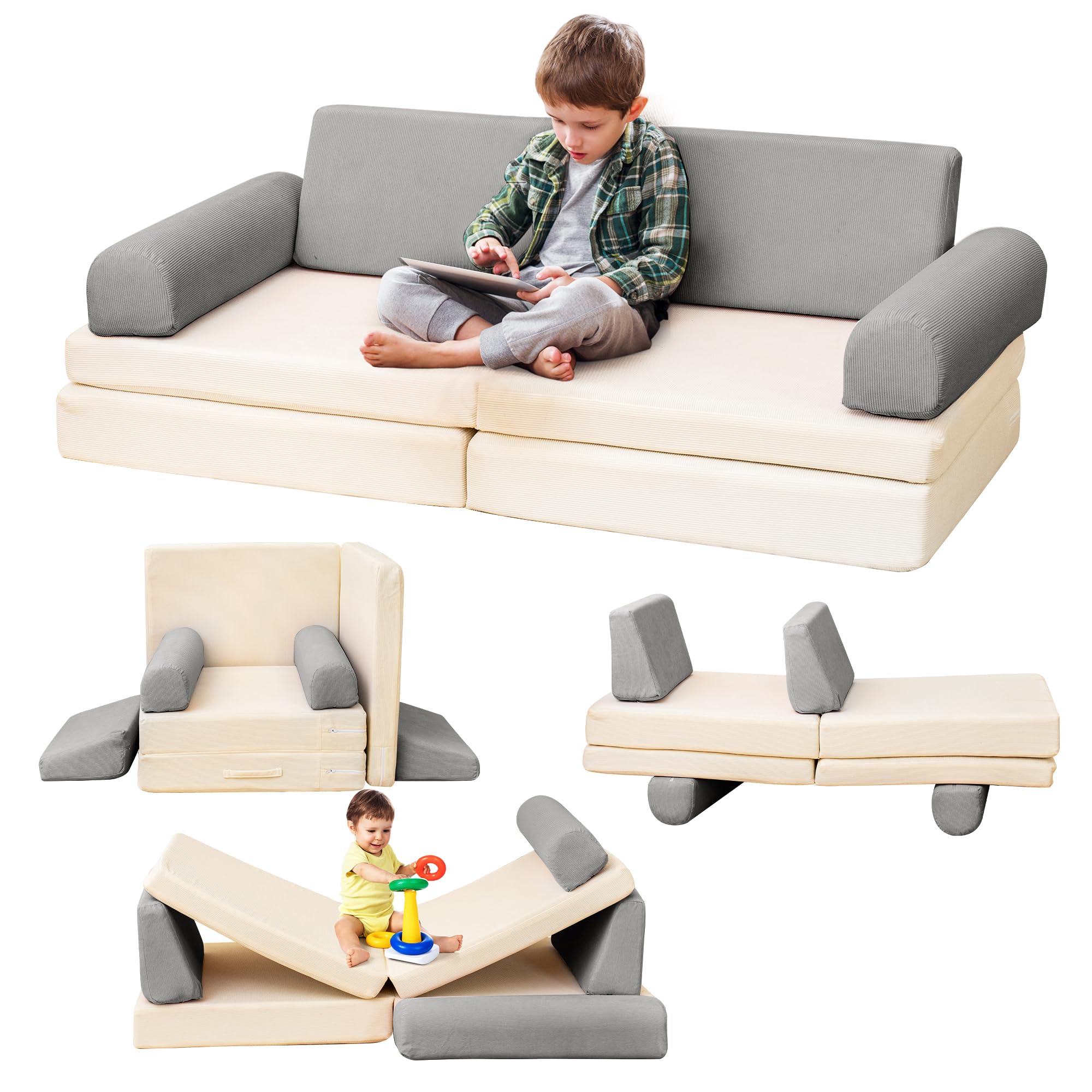 Lamerge Modular Kids Couch, Sectional Toddler Play Sofa for Playroom, Convertible Foam Sofa, Multi-Combination Playing Couch for Developing Imagination (Grey+Beige)