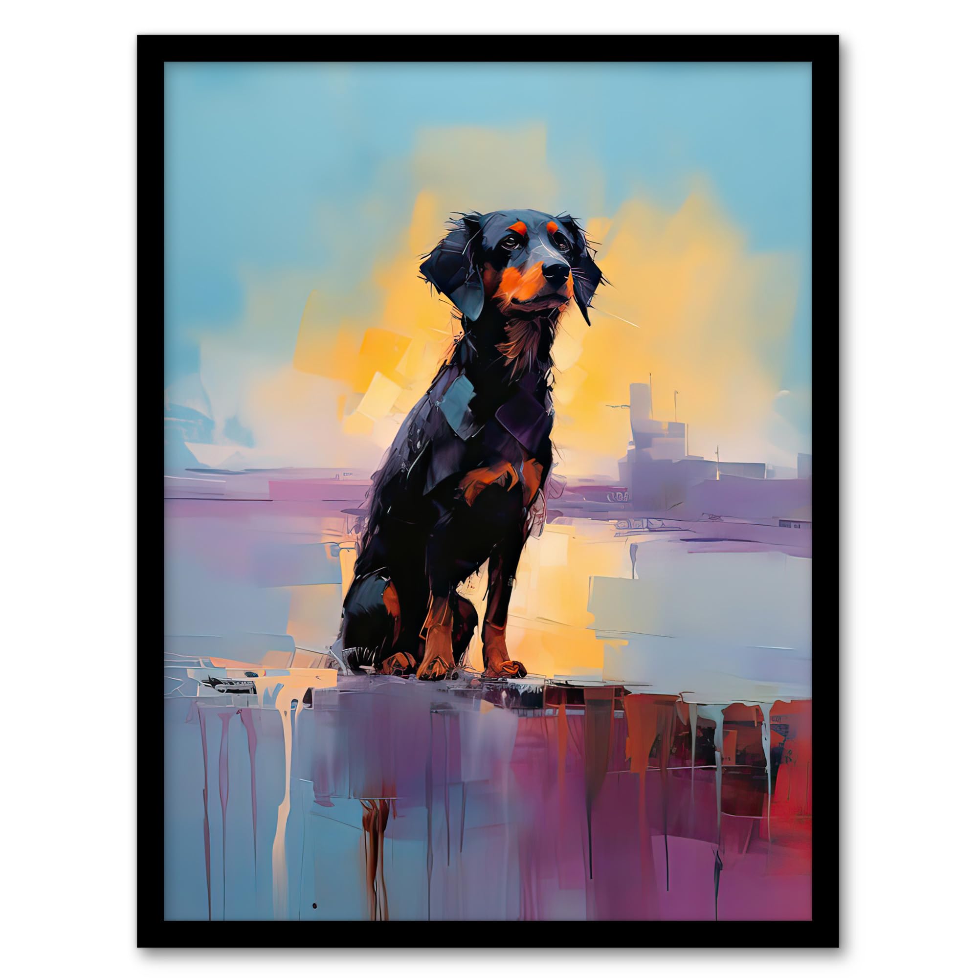 Artery8 Rottweiler Puppy Beach Sunrise Dog Portrait Artwork Framed Wall Art Print 18X24 Inch