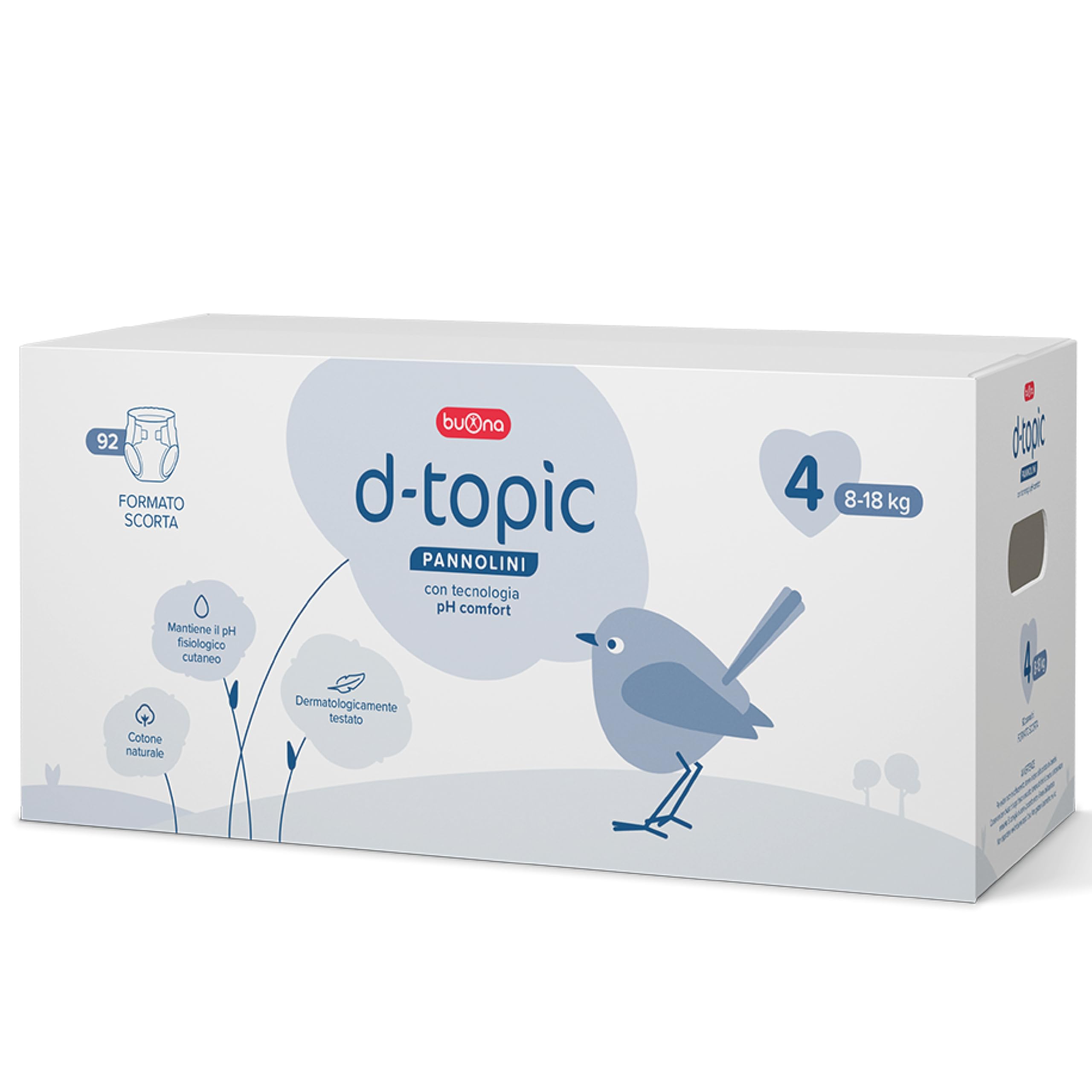 Buona Pannolini Taglia 4, Pannolini 8-18 kg con Tecnologia pH Comfort e Amido di Riso Azione Lenitiva, Pannolini D Topic Antifughe Ecologici in Cotone, Superassorbenti, Regola pH per Pelli Sensibili