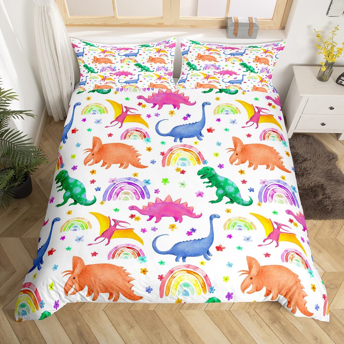 Housse de couette dinosaure 135x200 cm avec taie lit enfant kawaii motif floral