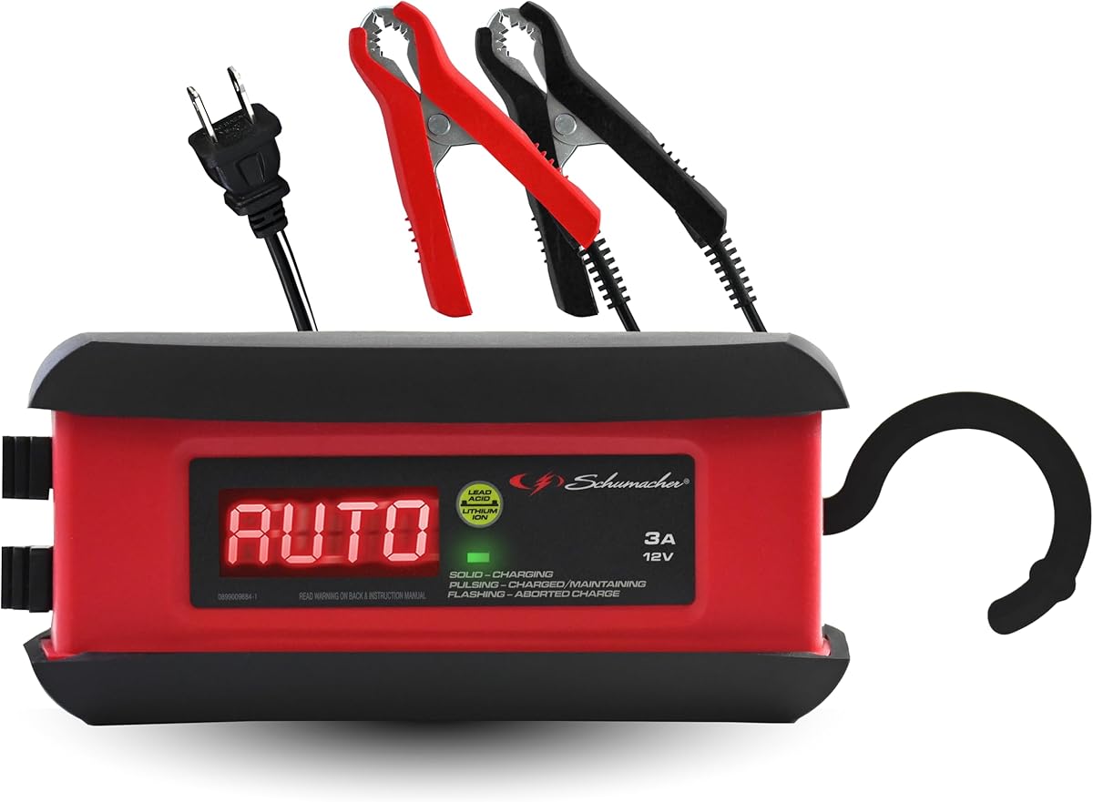 Schumacher Electric 3A Car Battery Charger and Maintainer, 3-in-1 Solution, for 12V Power Sport, Automotive, and Marine Batteries, SP1297