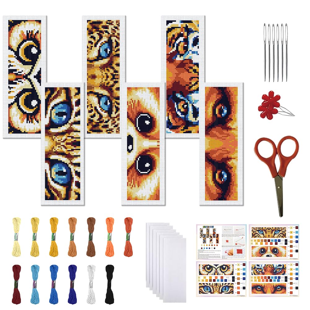 FREEBLOSS 6 Set Cross Stitch Bookmark Kit 11CT DIY Cross Stitch Kits Animal Eyes Pattern Stamped Embroidery Kit with Instructions Bookmark Making Set for Adult Beginners 8x2.4inch