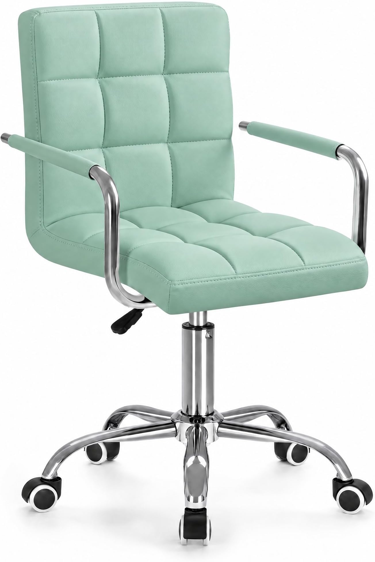 Furmax Small Office Chair with Wheels, Vanity PU Leather Desk Chair Modern Adjustable Home Desk Retro Comfortable Work Chair 360 Degree Swivel with Arms (Light Blue)