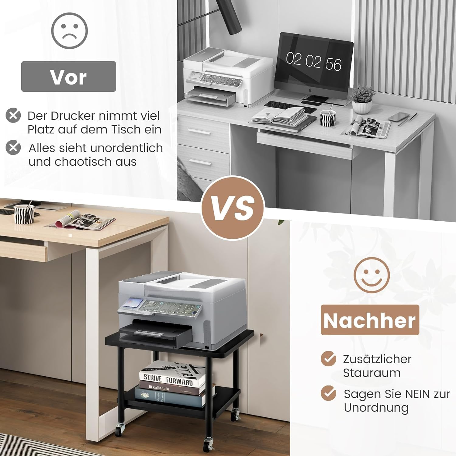 HOMCOM printertafel, printerstandaard, kantoorwagen, trolley met lade 2 planken CPU-standaard, spaanplaat, zwart, 80 x 40 x 65 cm