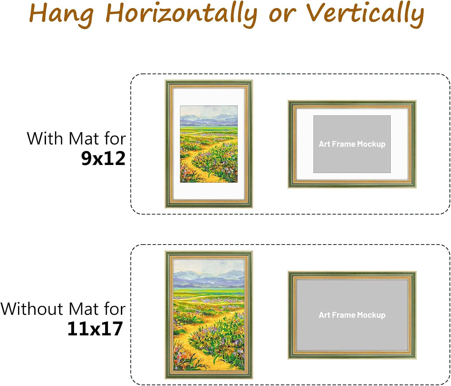 Golden State Art,11x17 Ornate Picture Frame for 9x12 Photo with Mat or 11 x 17 Prints without Mat,Real Glass Wall Display(Color:Green Gold)