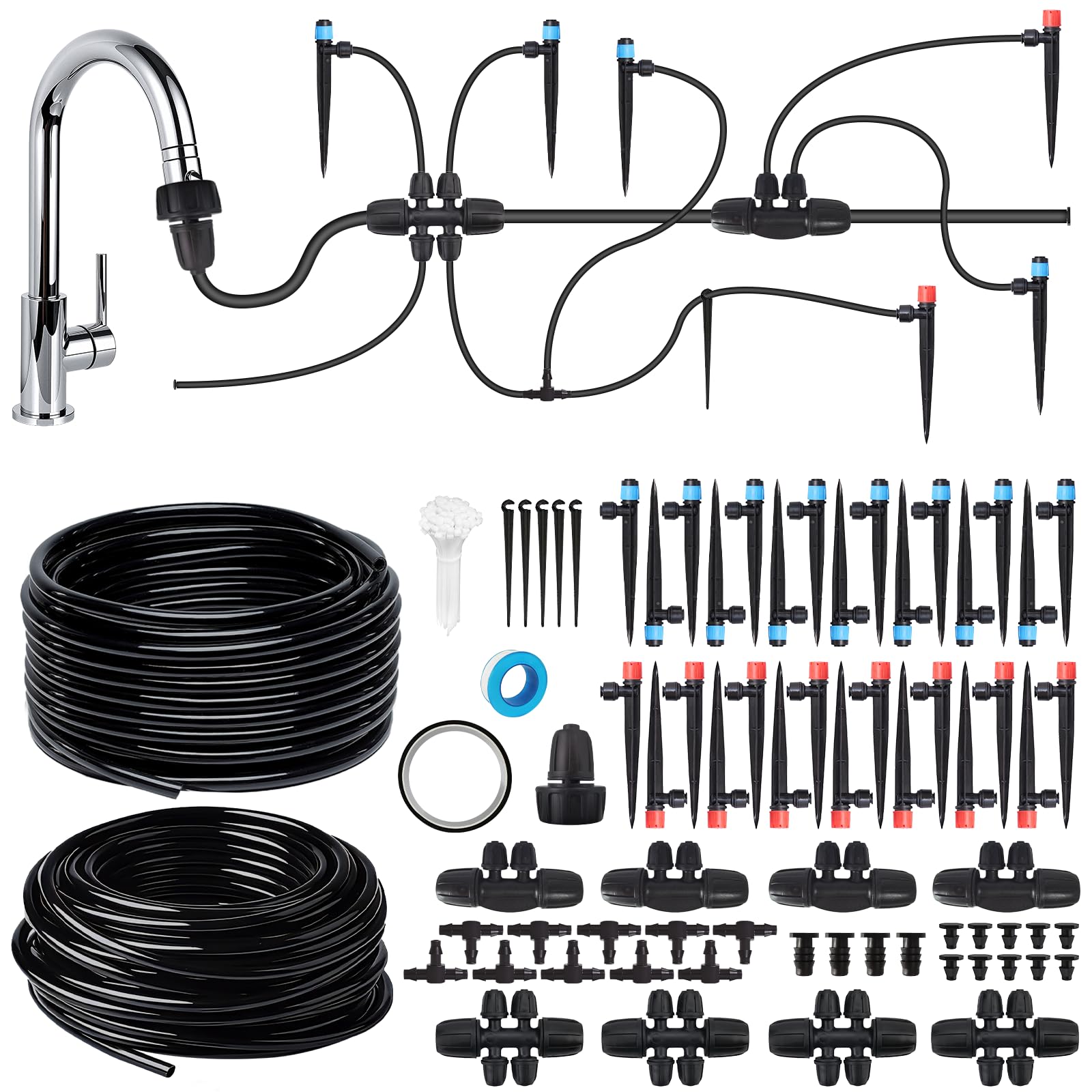 Kit per sistema di irrigazione a goccia, kit di irrigazione automatica da giardino con tubo da 29,9 m 1/4 '' e 14,9 m 1/2", sistema di irrigazione e nebulizzazione a collegamento rapido, accessori per