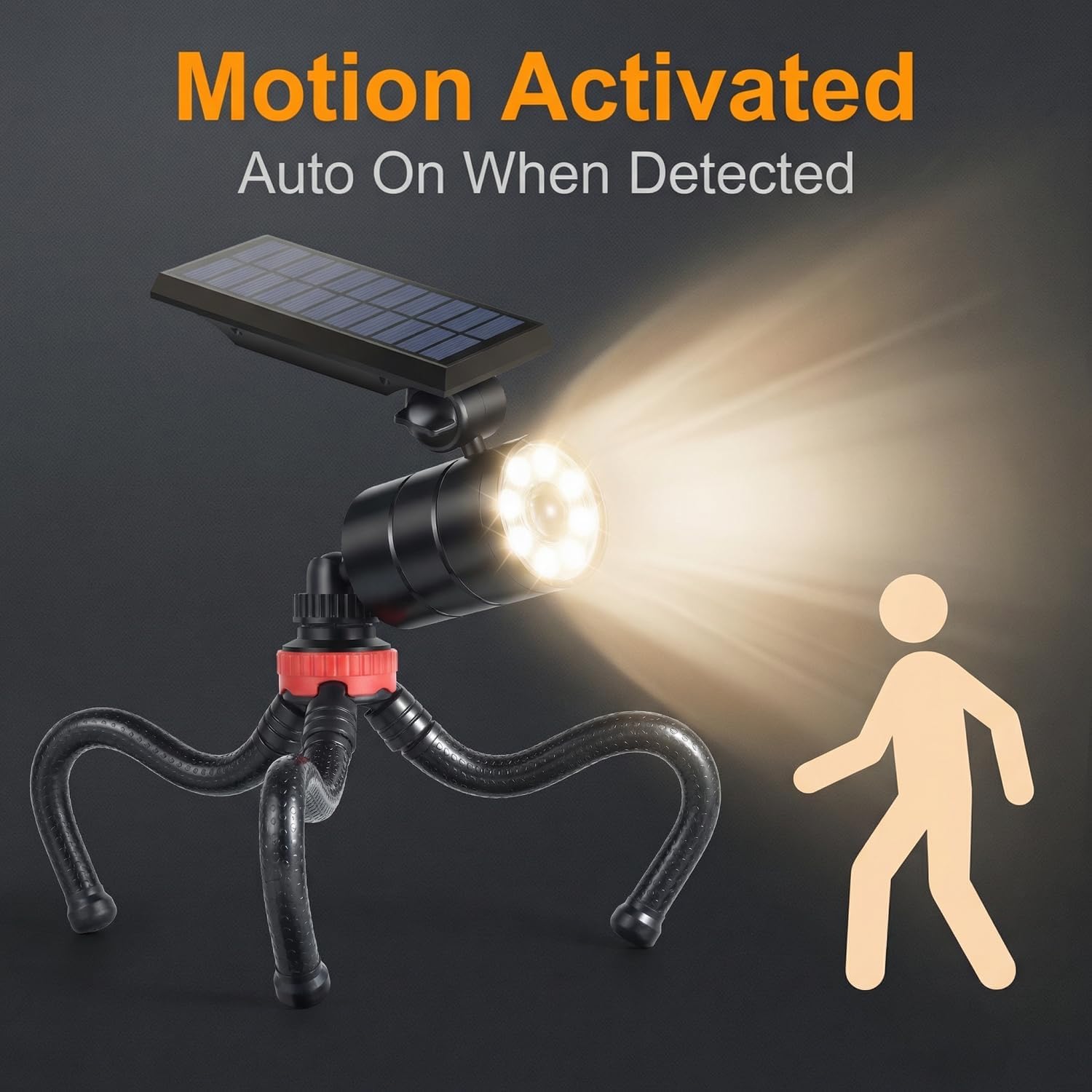 Solar Motion Light Outdoor Waterproof, Solar Security Spotlights with Flexible Tripod, Aluminum Floodlights for Camping, Fence & Patio, 9W (130W Eqv.)