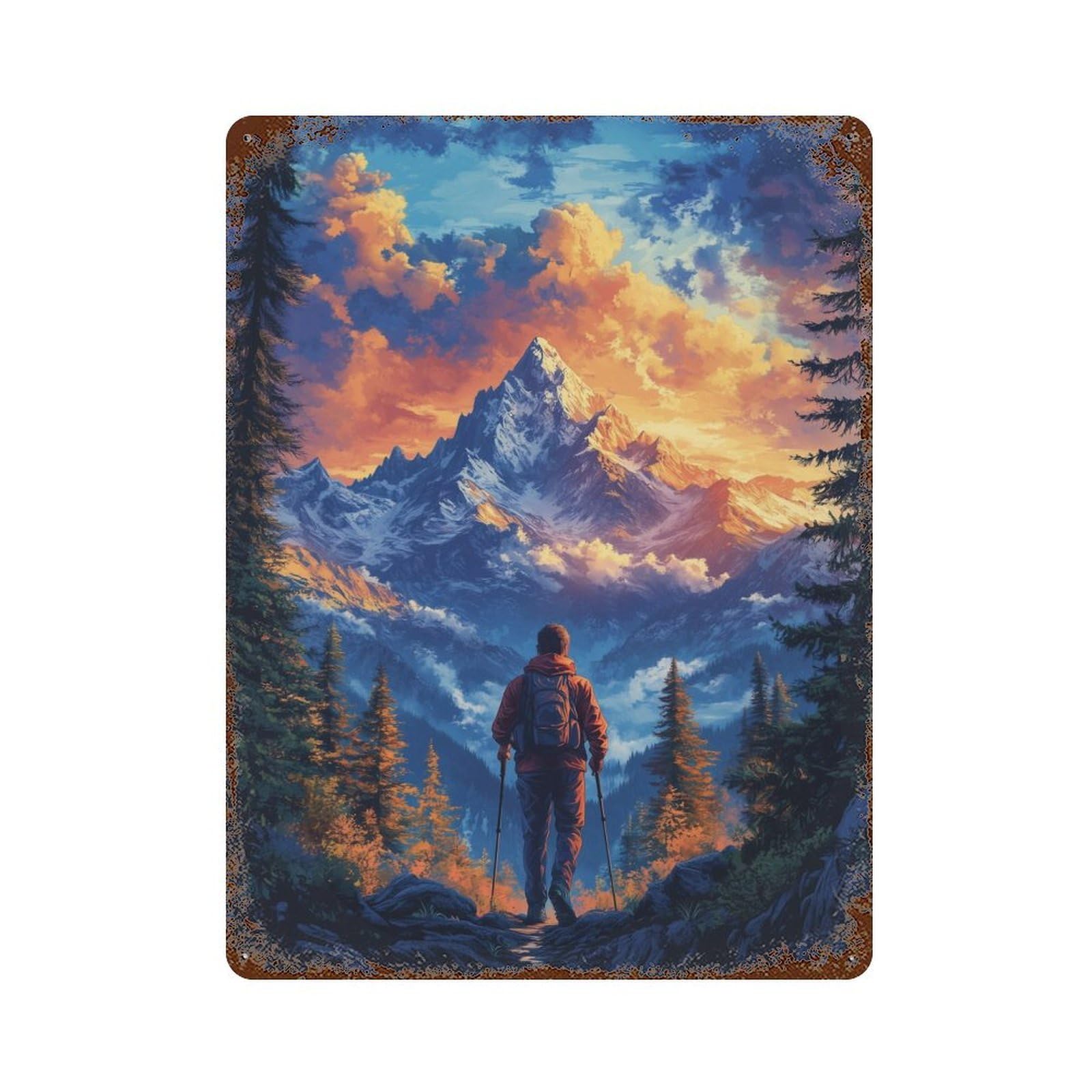 Weathered Tin Sign with Mountain Hiking Vintage Design 15.7"x11.8", for Garage, Bar And Workshop Decor, Decorative Metal Wall Art