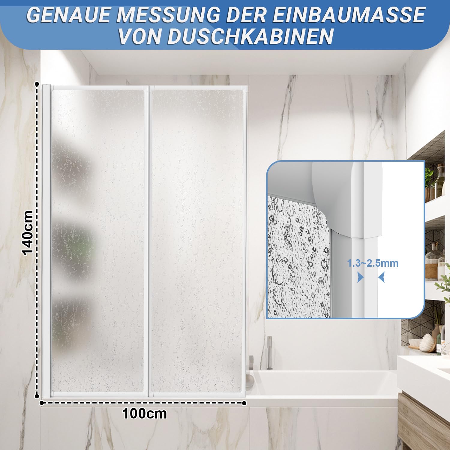 Parete divisoria per vasca da bagno in plastica, doccia per vasca da bagno, resistente alle schegge, 100x140 cm, 2 pezzi pieghevoli, telaio in alluminio bianco, montaggio a sinistra/destra, con