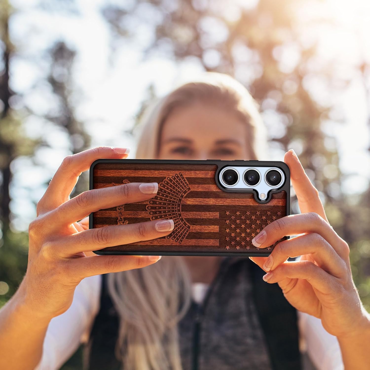 Carveit Wood Case for Galaxy S24 FE Case [Natural Wood & Black Soft TPU] Shockproof Protective Cover Unique Wooden Design Compatible with S24 FE (Justice and Legacy-Rosy)