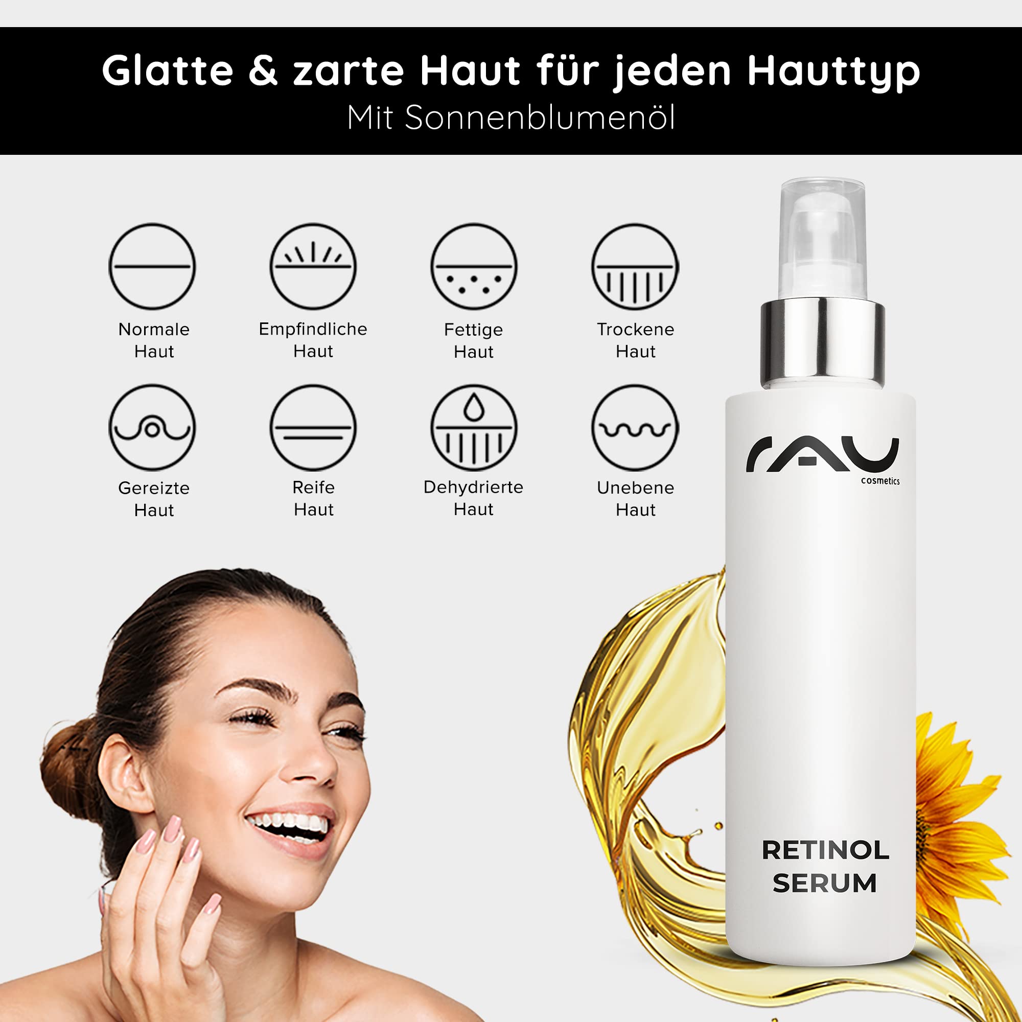 RAU Cosmetics Retinol Serum 100 ml - Anti-Aging Gesichtsserum mit Hyaluronsäure, Vitamin A, Ceramiden & Panthenol - Regenerierendes Serum für reife & unreine Haut - Made in Germany