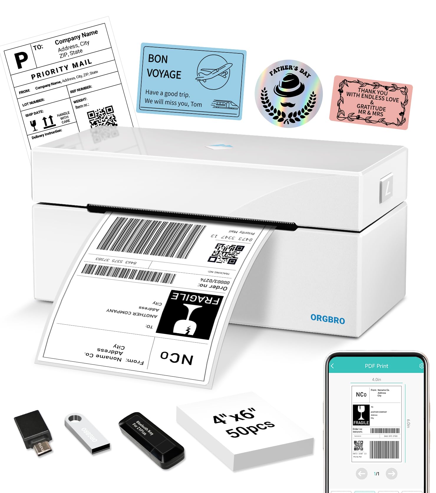 ORGBRO Bluetooth Etikettendrucker Z1 Plus DHL Thermodrucker Etikettiergerät 4x6 Versandetiketten Drucker Labeldrucker für Barcode, Adresse, Kompatibel mit Amazon, Etsy, Shopify, Weiß