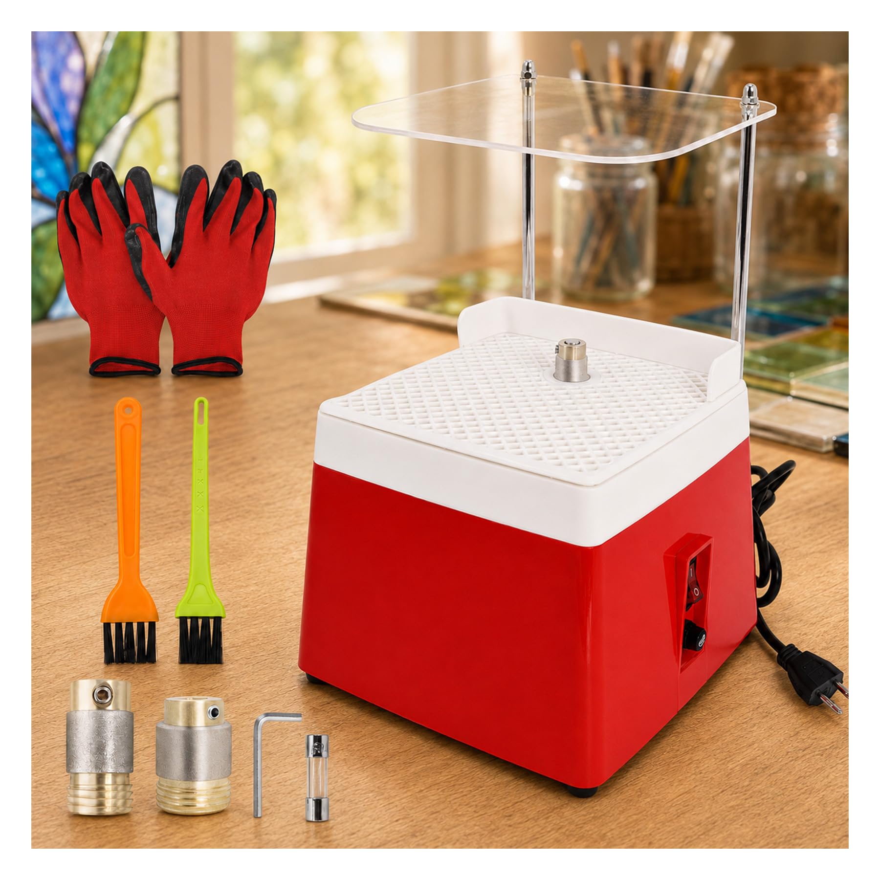 Stained Glass Grinder Kit 4300r/min Mini DIY Grinding Tool,110V 65W (Red)