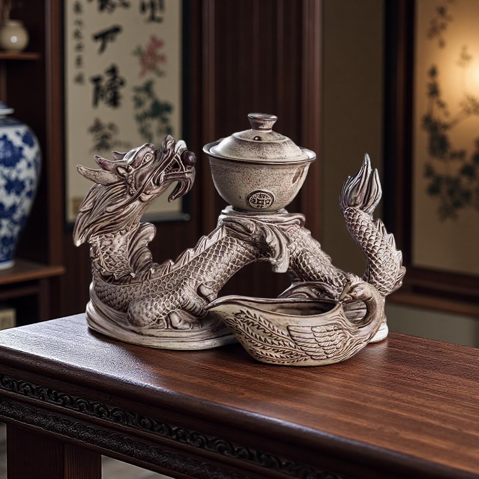 Chiński zestaw do herbaty Gongfu – ceramiczny czajniczek z zaparzaczem, 8 filiżanek, półautomatyczny, z motywem smoka do herbaty liściastej
